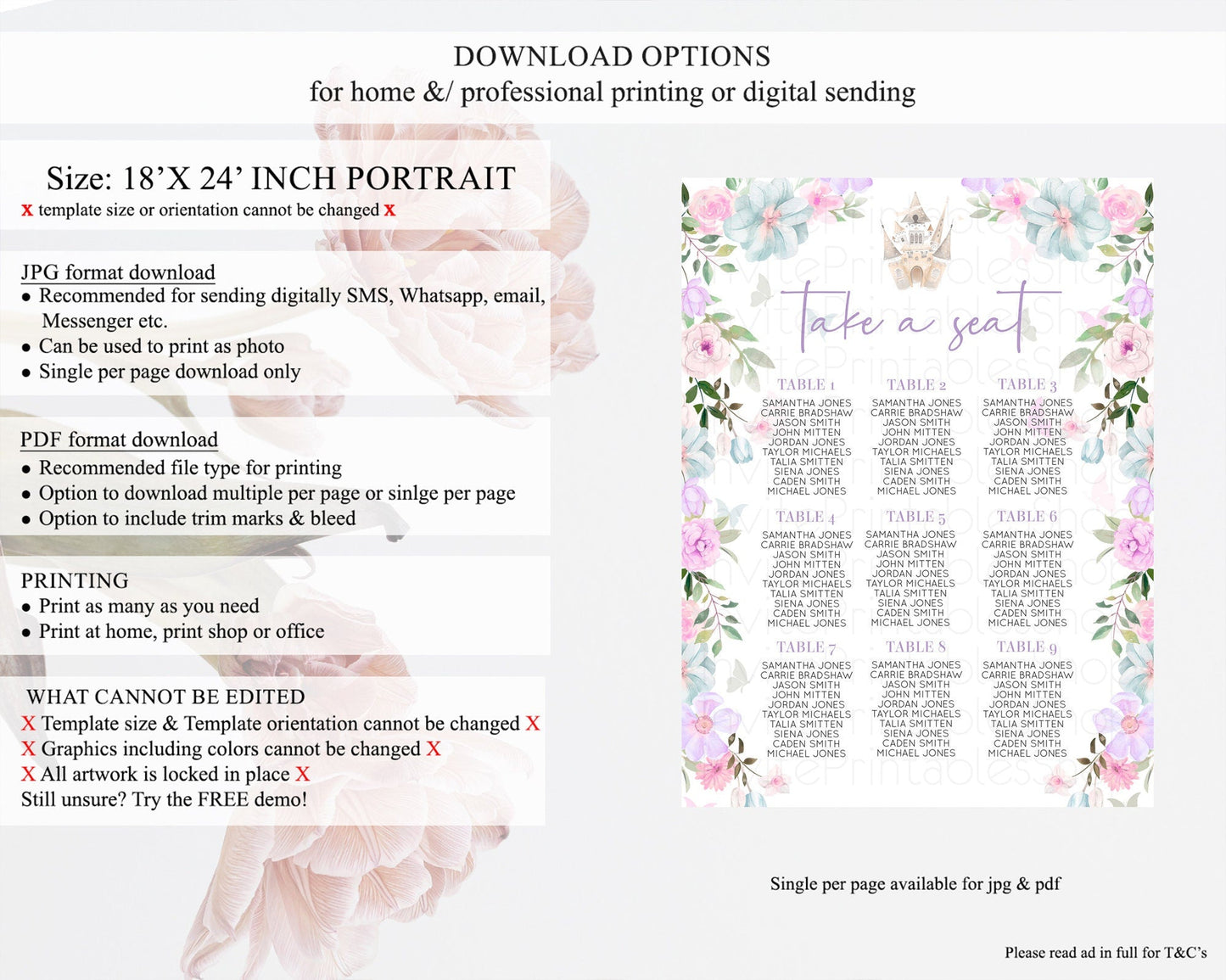 Princess Seating Chart Castle Seating Chart Royal Princess Decor Fairy Tale Enchanted Castle Pastel Floral Garden Table Number Sign D10471