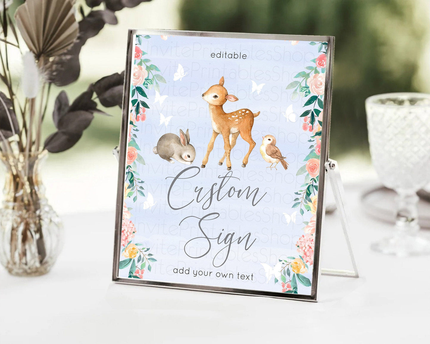 Fawn Deer Sign Pastel Floral Deer Table Sign Decor Enchanted Forest Butterfly Party 1st Birthday Baptism Baby Shower Bridal Shower D10920
