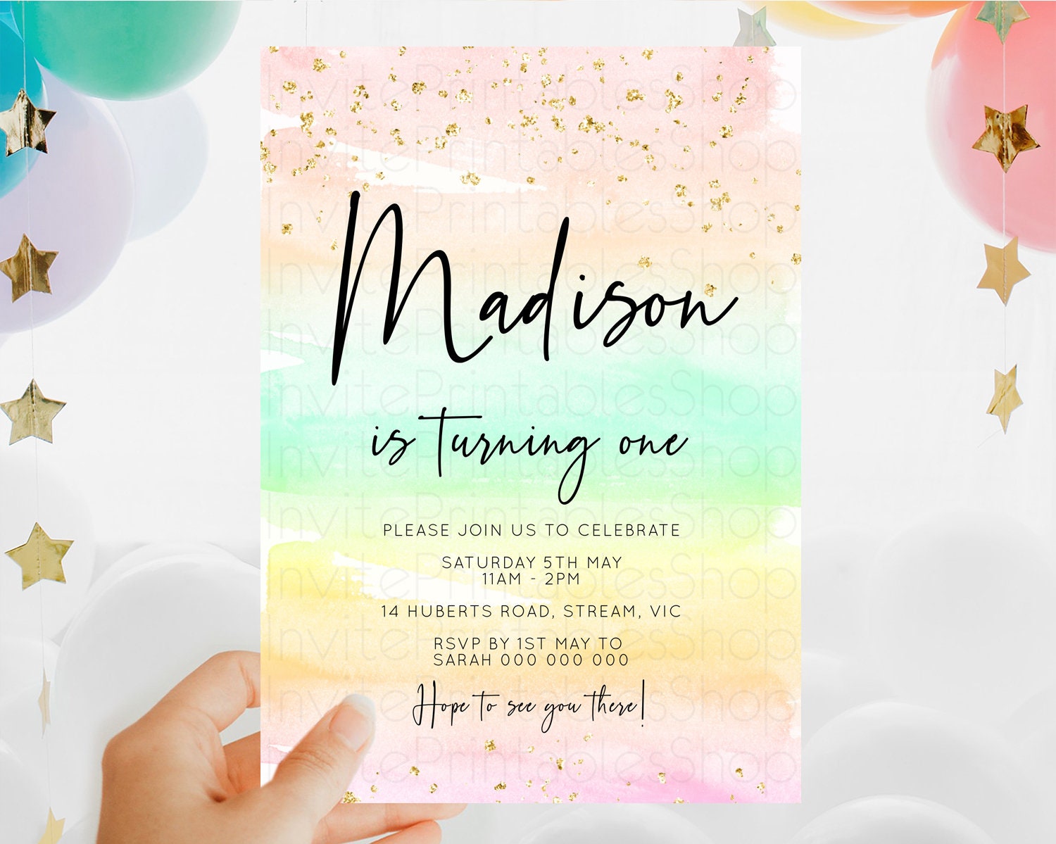 Editable Rainbow Birthday Invitation Colorful Pastel Watercolor Invitation G