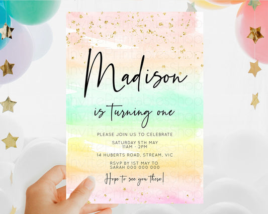 Editable Rainbow Birthday Invitation Colorful Pastel Watercolor Invitation G
