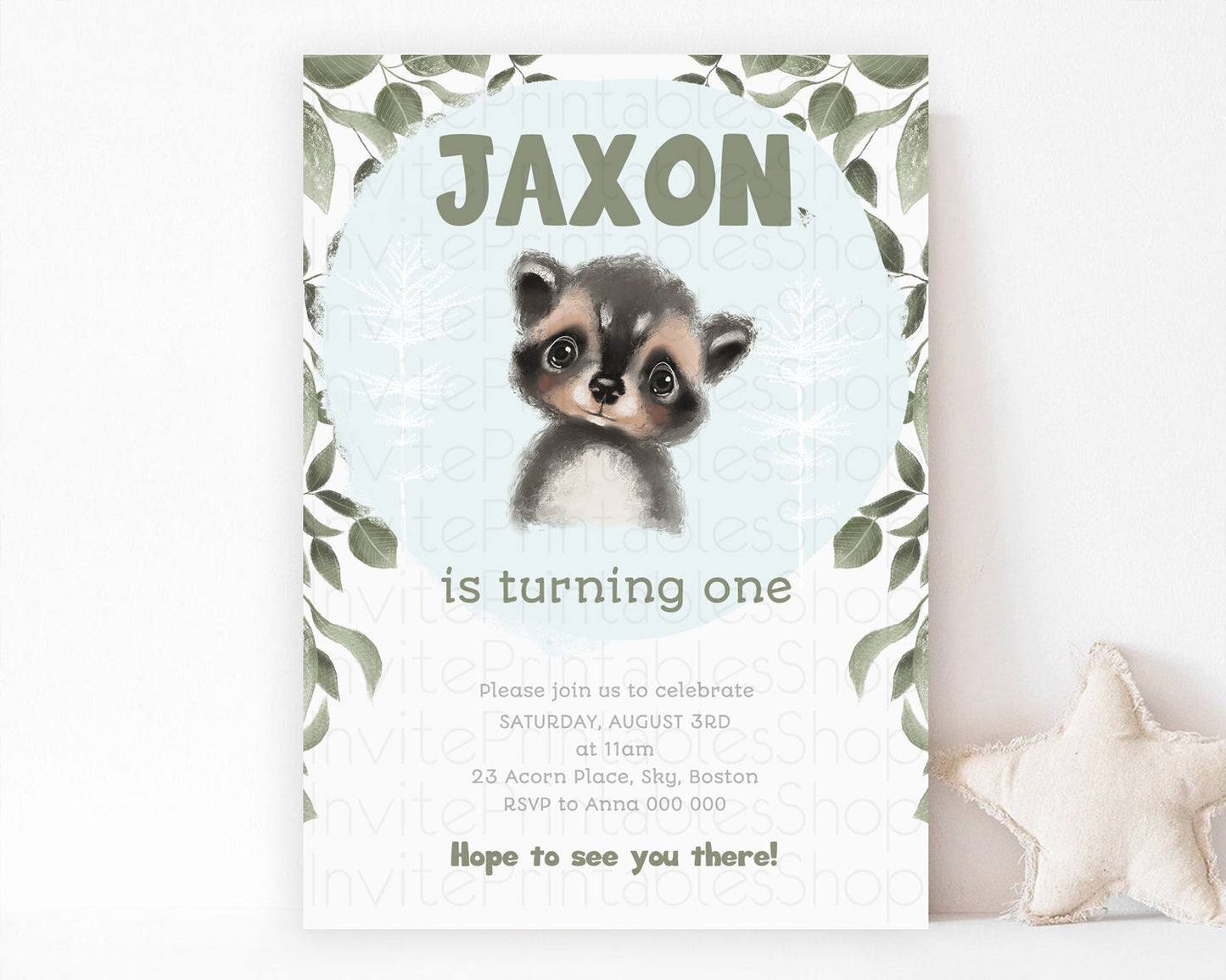 Raccoon Birthday Invitation Raccoon Invite Enchanted Forest Adventure Birthday Woodland Invitation Baby Raccoon 1st First Birthday D10100