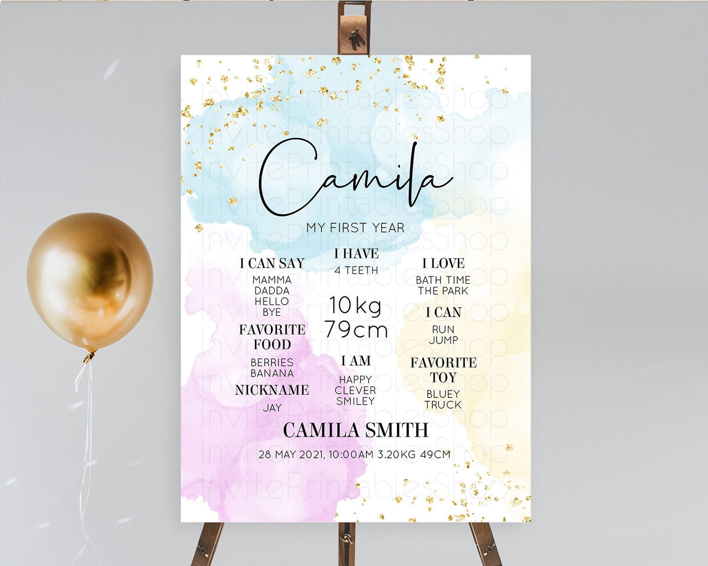 Pastel First Birthday Milestone Board Pastel Rainbow Milestone Poster Colorful Confetti Watercolor Glitter 1st Birthday Welcome Sign D10155
