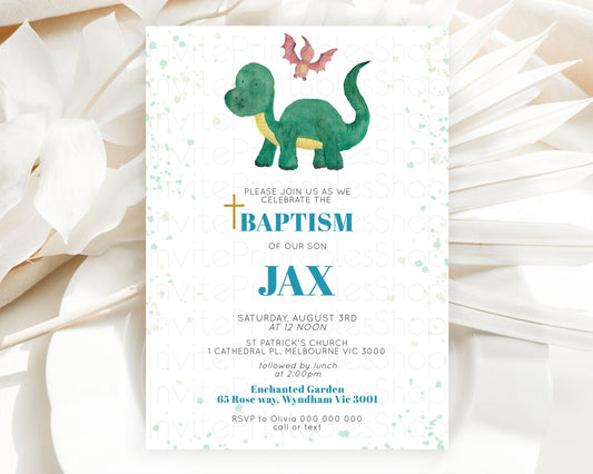 Editable Dinosaur Baptism Invitation Dinosaur Volcano Baptism 1st Birthday I