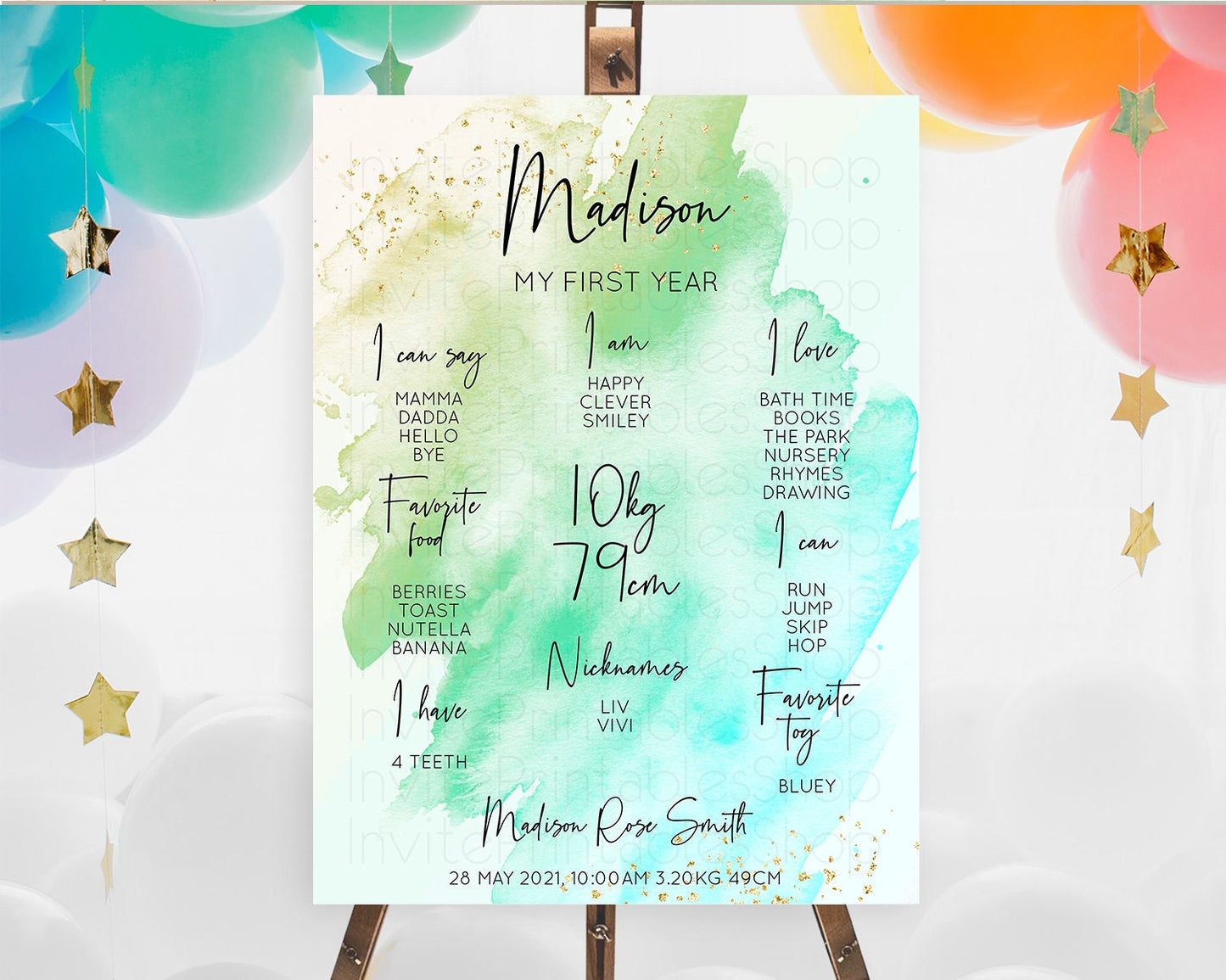 Green First Birthday Milestone Poster Green Watercolor Milestone Board Pastel Green Watercolor Splash Milestone Board 1st Birthday D10170