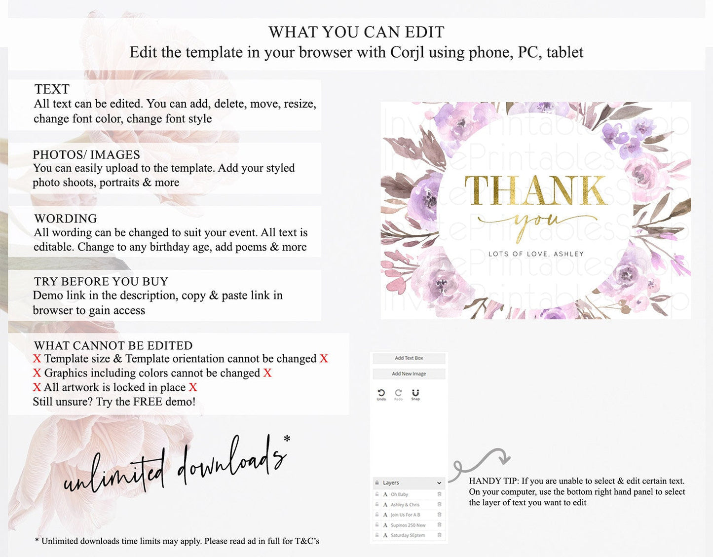 Secret Garden Thank You Wildflower Thank You Card Pastel Flower Garden Birthday Thank You Card Boho Floral Teacher Thank You Card D10201