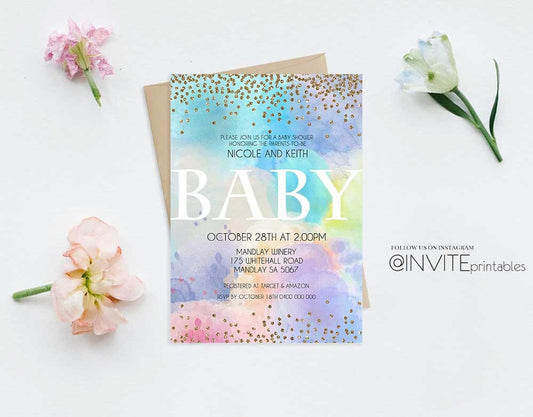 Baby Shower Invitations, Baby Shower Invites, Rainbow Baby Shower Invites, Pastel Baby Shower Invite, Pastel, Watercolor, Gold, Foil Invites