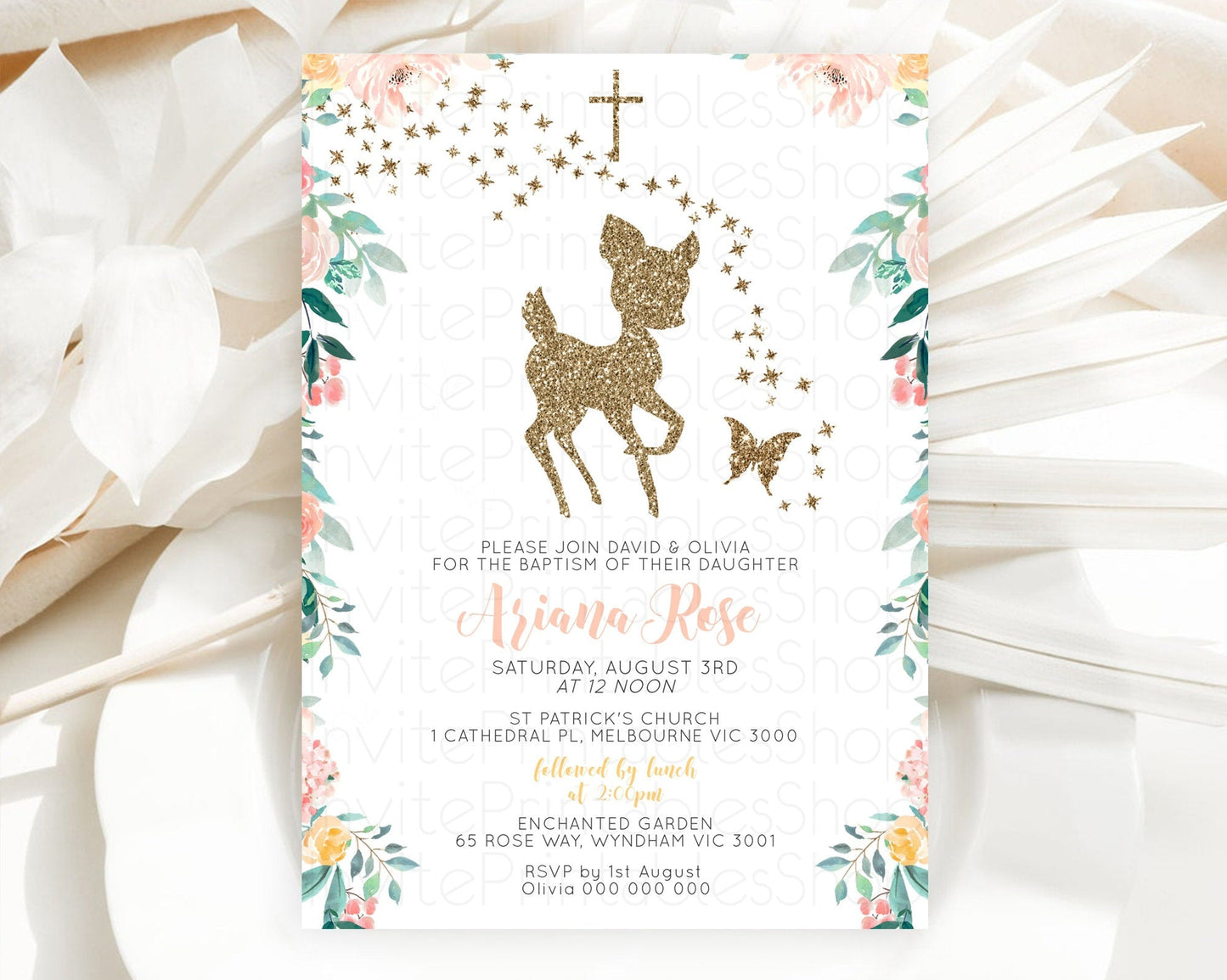 Fawn Baptism Invitation Deer Baptism 1st Birthday Invitation Enchanted Forest Christening Invitation Pastel Garden Butterfly Floral D10874
