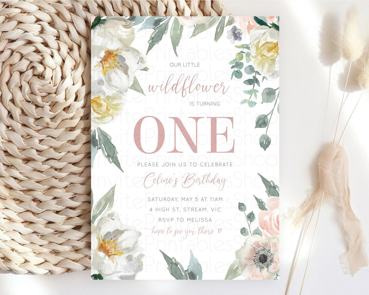 Secret Garden Invitation Wildflower Birthday Invite Pastel White Flowers Invite Enchanted Garden Boho Floral 3rd 2nd First Birthday D10121