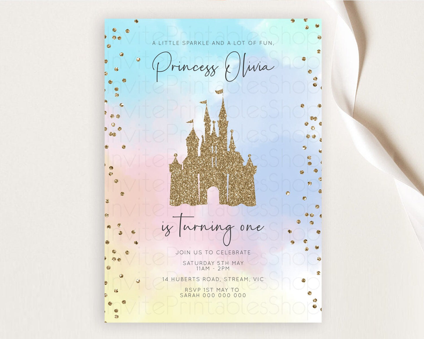 Princess Birthday Invitation Princess Invitation Pastel Invitation Royal Birthday Rainbow Color Enchanted Castle 1st First Birthday D10895