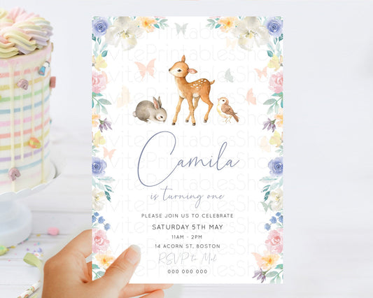 Fawn Birthday Invitation Deer Birthday Invitation Enchanted Forest Party Butterfly Pastel Flowers Whimsical 2nd 1st First Birthday D10930