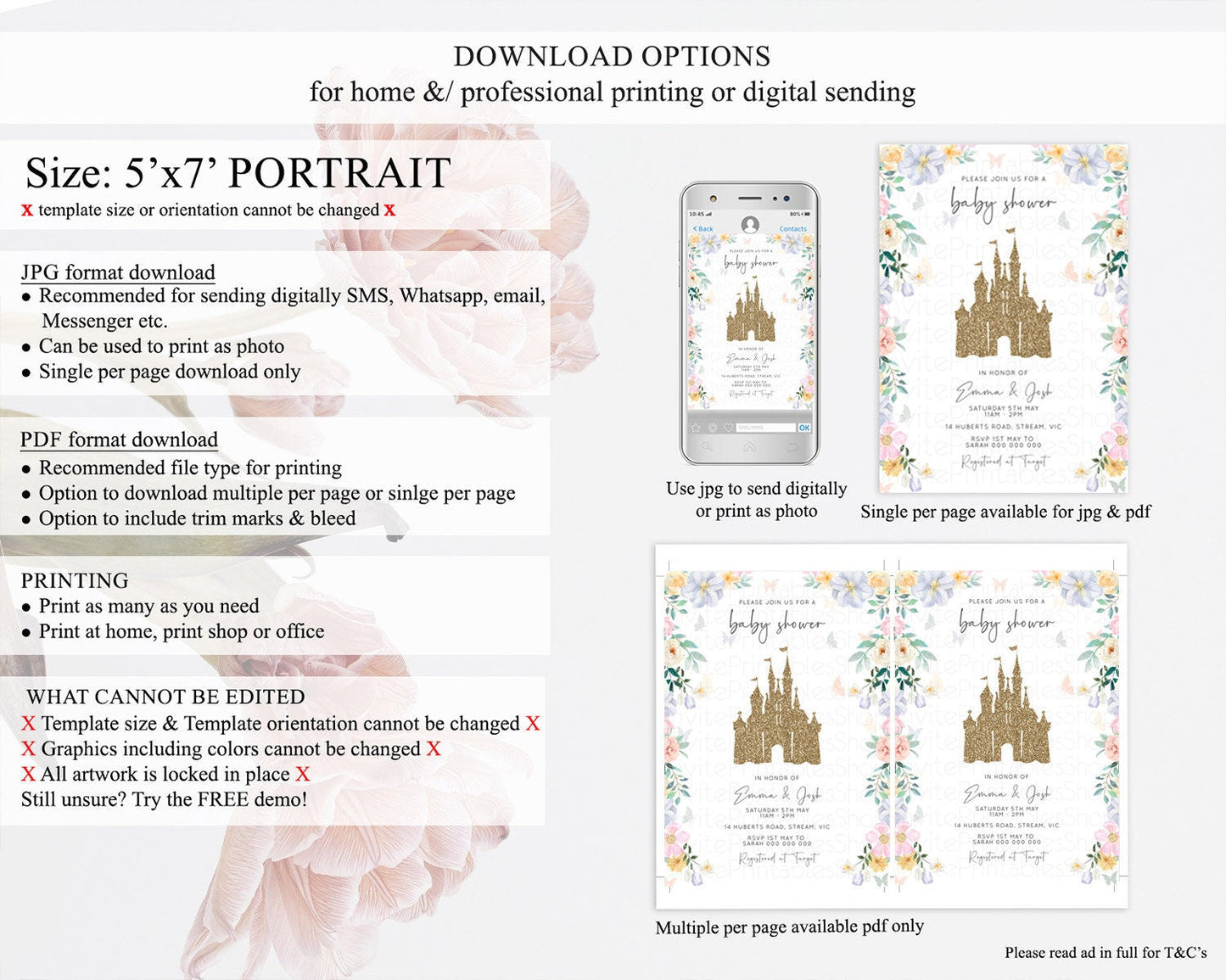 Pastel Princess Baby Shower Invitation Floral Castle Invitation Royal Baby Invite Enchanted Castle Pastel Flower Garden Baby Shower D10469