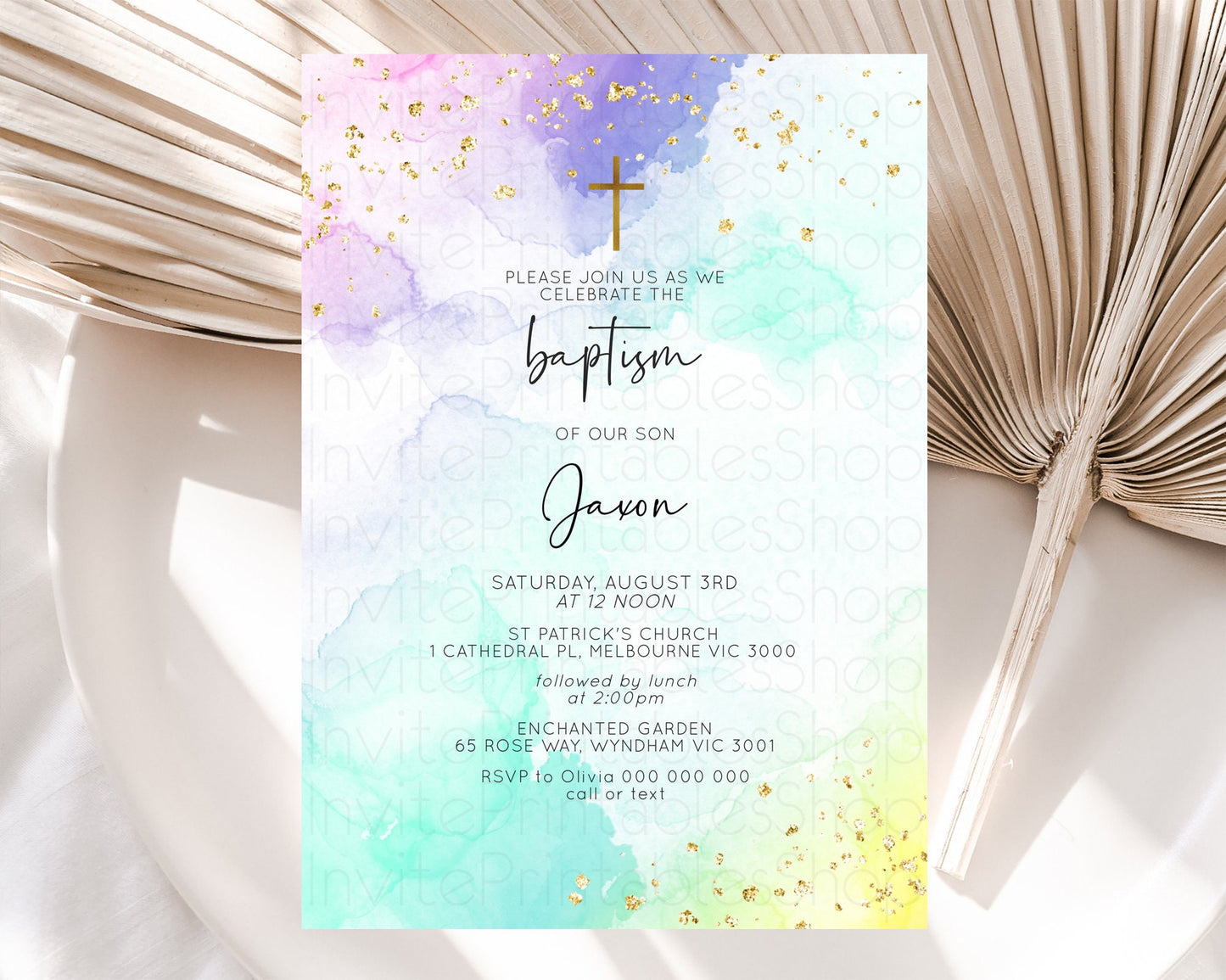 Pastel Baptism Invitation Pastel Colors Watercolor Baptism 1st Birthday Party Gold Ombre Pastel Rainbow Christening Holy Communion D10158