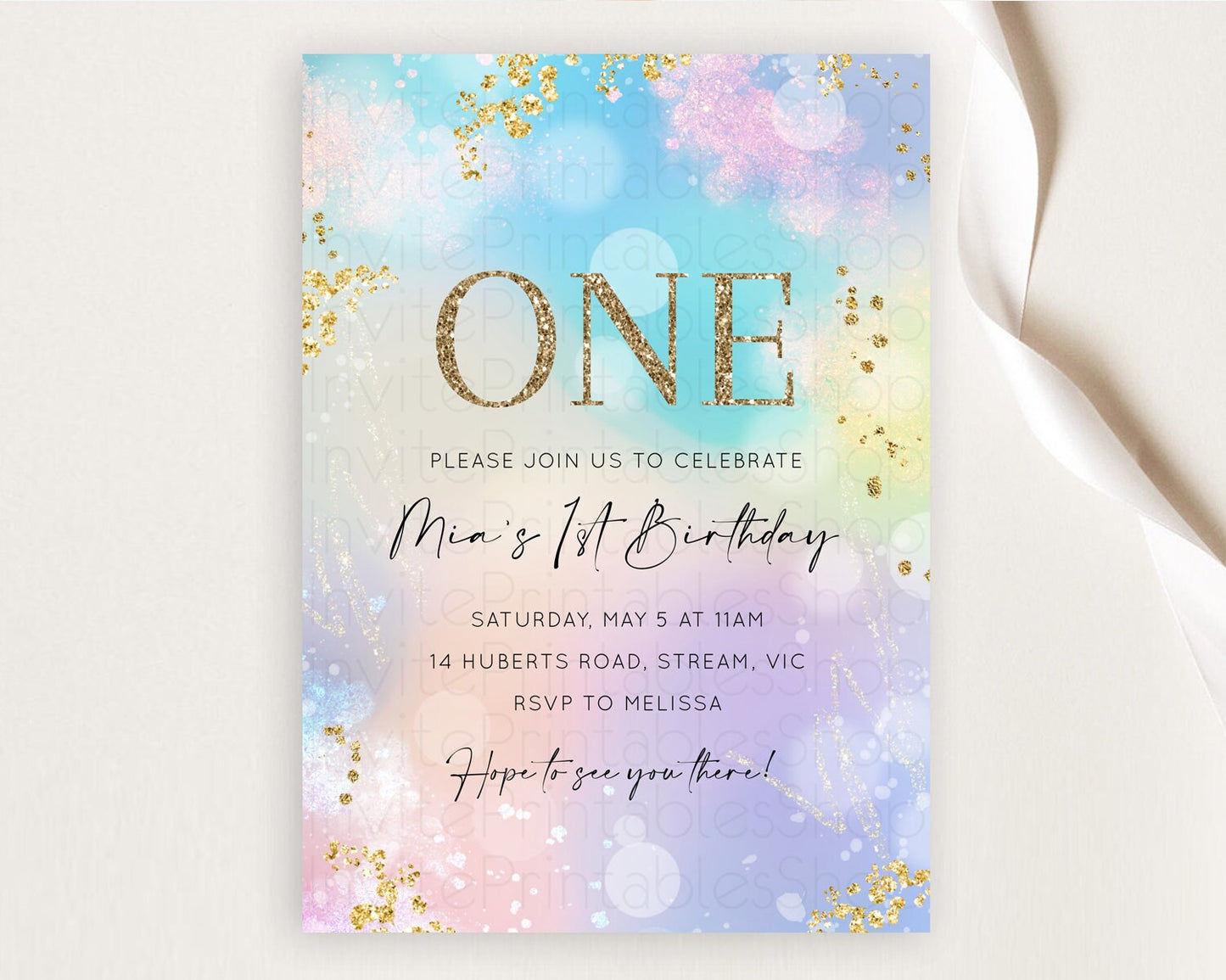 Rainbow Birthday Invitation Colorful Pastel Watercolor Invitation Gold Glitter Sprinkles Ombre Pastel 1st 2nd 3rd Birthday D10675