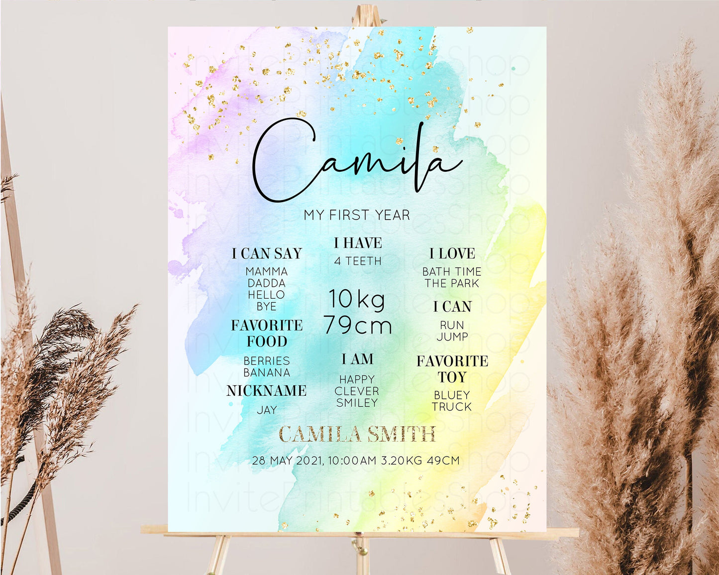 Pastel First Birthday Milestone Board Pastel Rainbow Milestone Poster Watercolor Glitter One Year Poster Colorful Splash Baby 1st Year 146