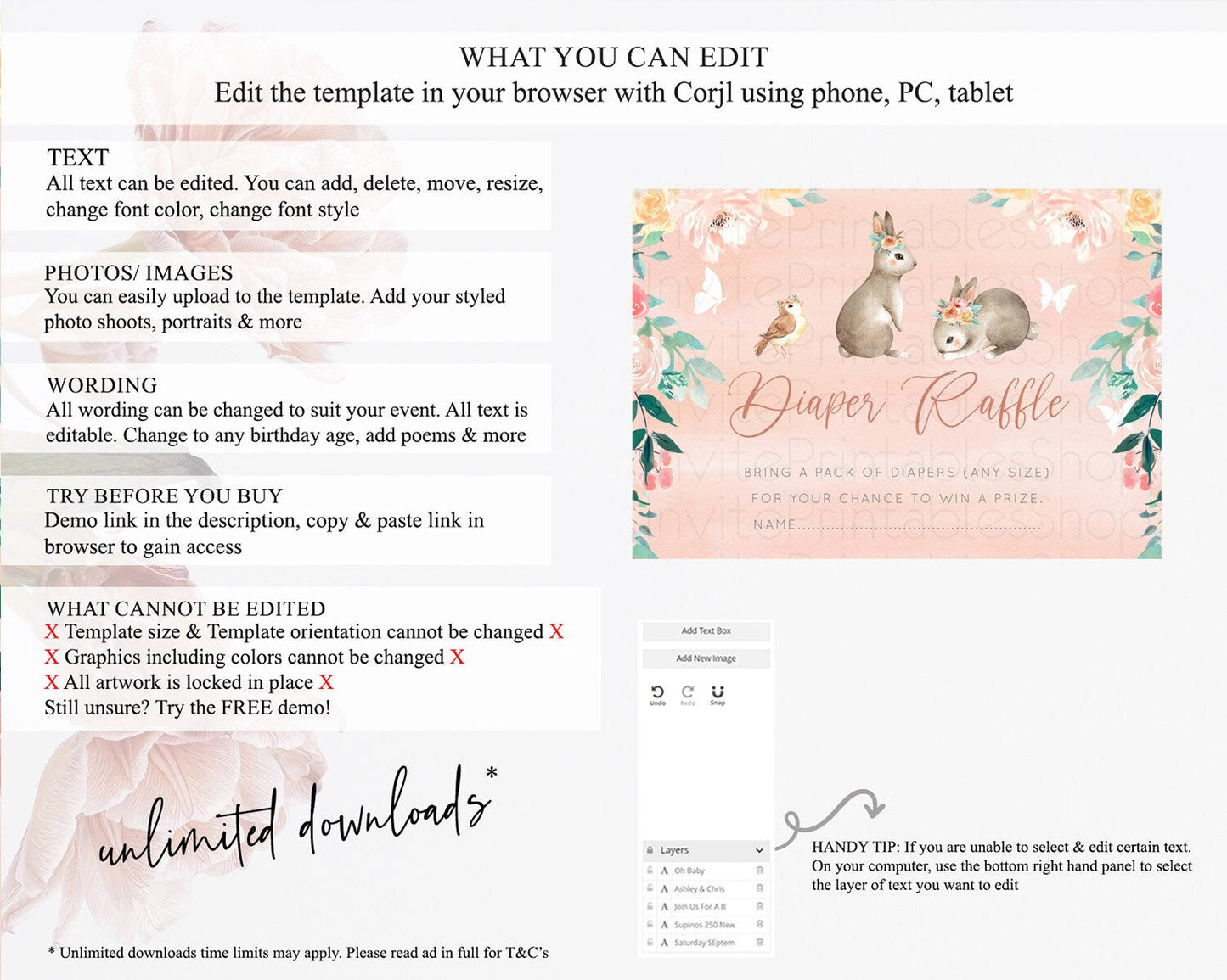 Bunny Diaper Raffle Card Floral Bunny Diaper Raffle Insert Pastel Flowers Woodland Bunny Diaper Ticket Forest Bunny Raffle Game D10922