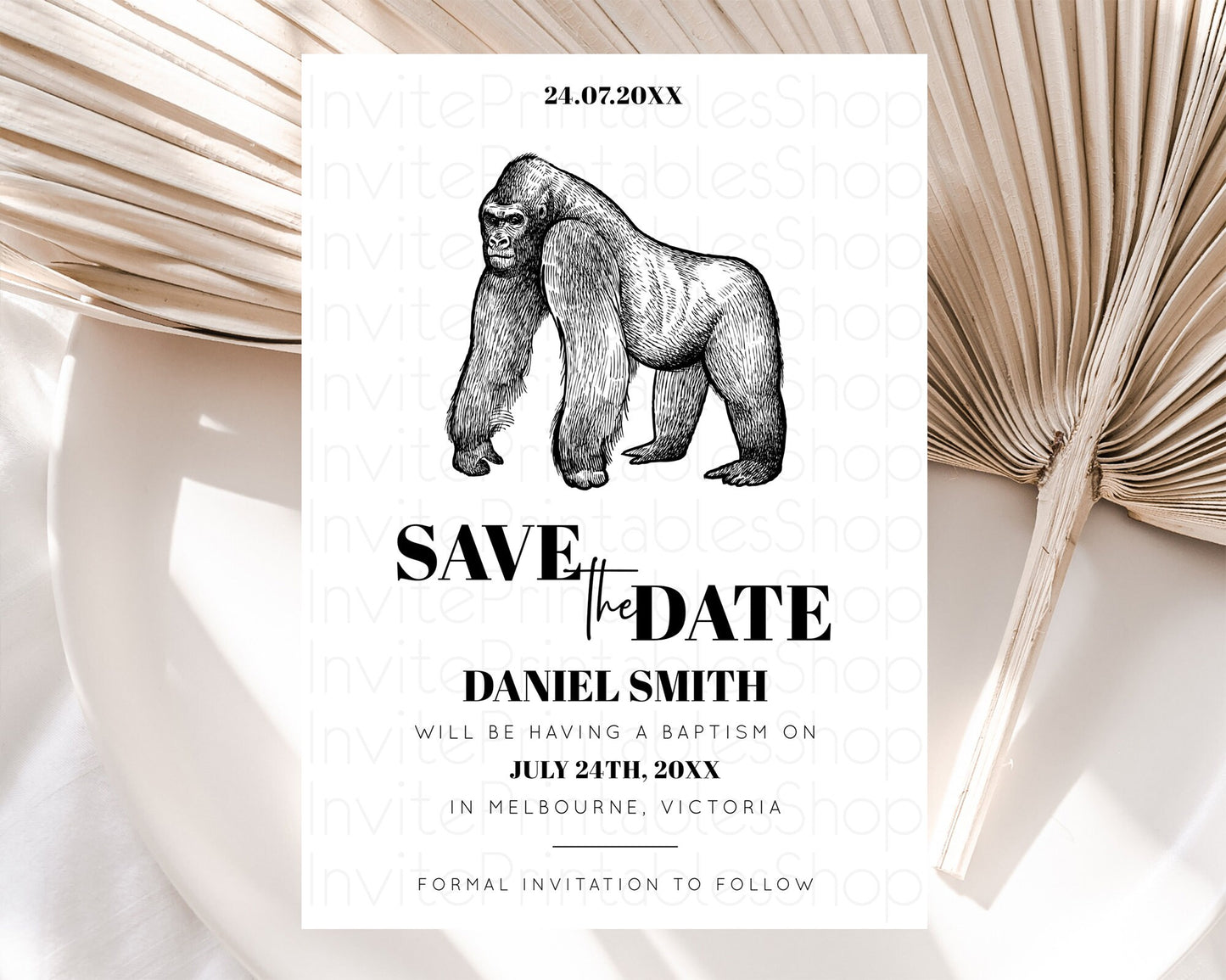 Gorilla Save The Date Template Gorilla Party Save The Date Safari Adventure Gorilla Minimal Theme 1st Birthday Baptism Baby Shower D10855