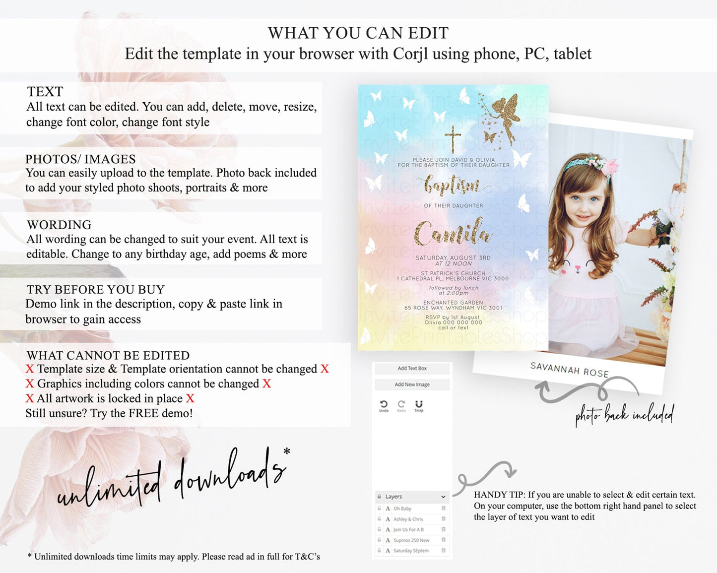 Fairy Baptism Invitation Fairy Baptism 1st Birthday Invitation Enchanted Secret Garden Christening Invite Pastel Floral Butterfly D10894