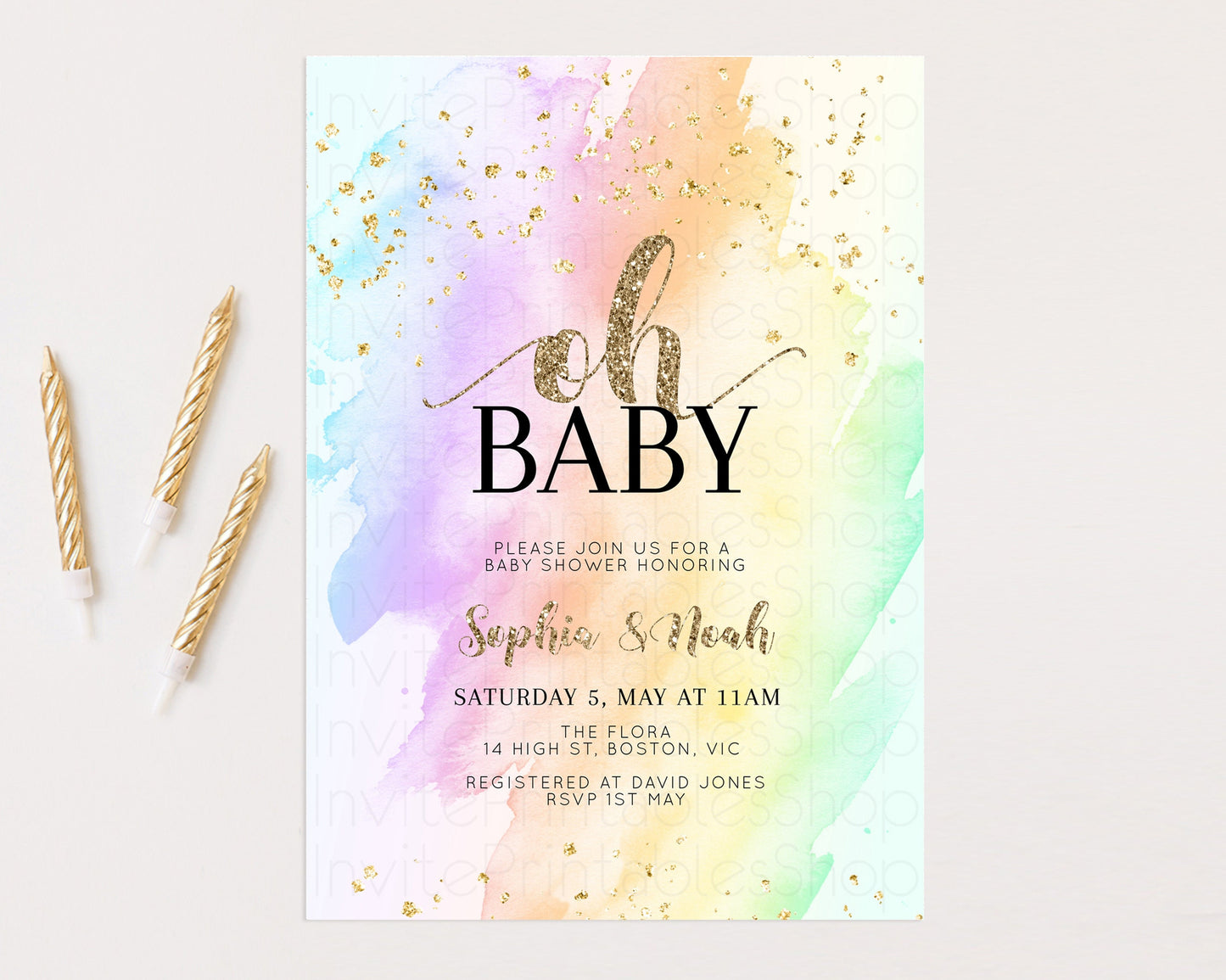 Rainbow Baby Shower Invitation Pastel Watercolor Invitation Ombre Splash Invite Glitter Confetti Sprinkles Colorful Gender Neutral 604v2