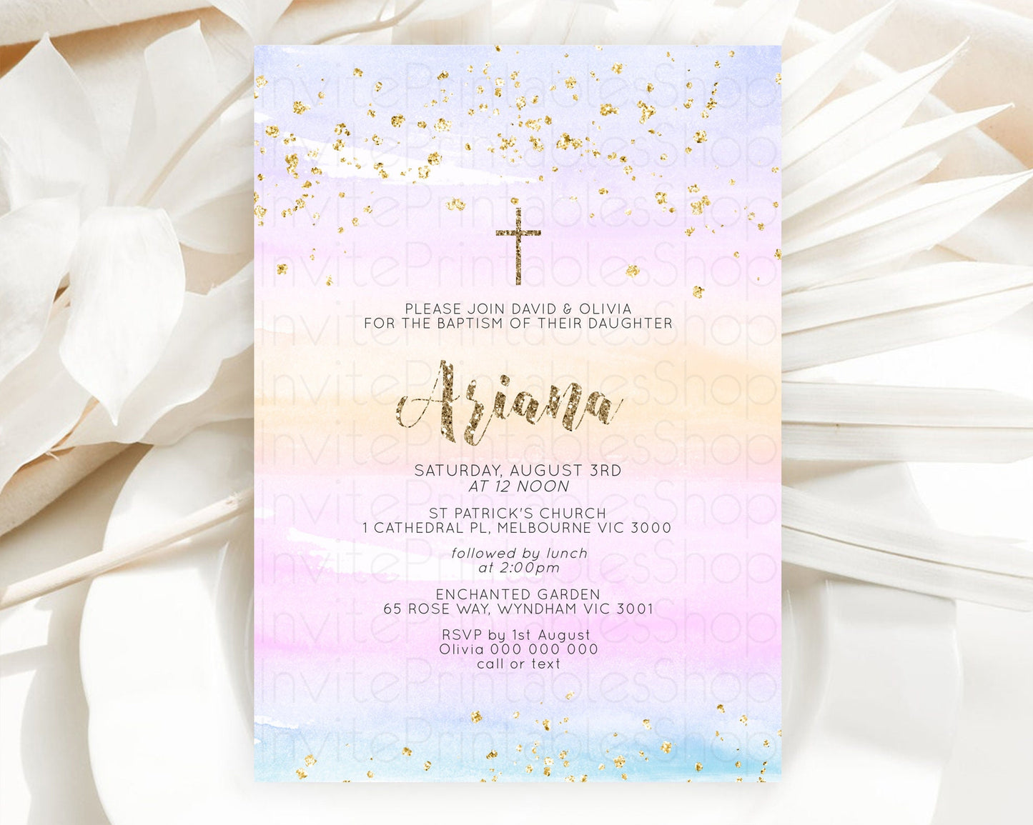 Pastel Baptism Invitation Pastel Colors Watercolor Baptism 1st Birthday Party Gold Ombre Pastel Rainbow Christening Holy Communion D10595