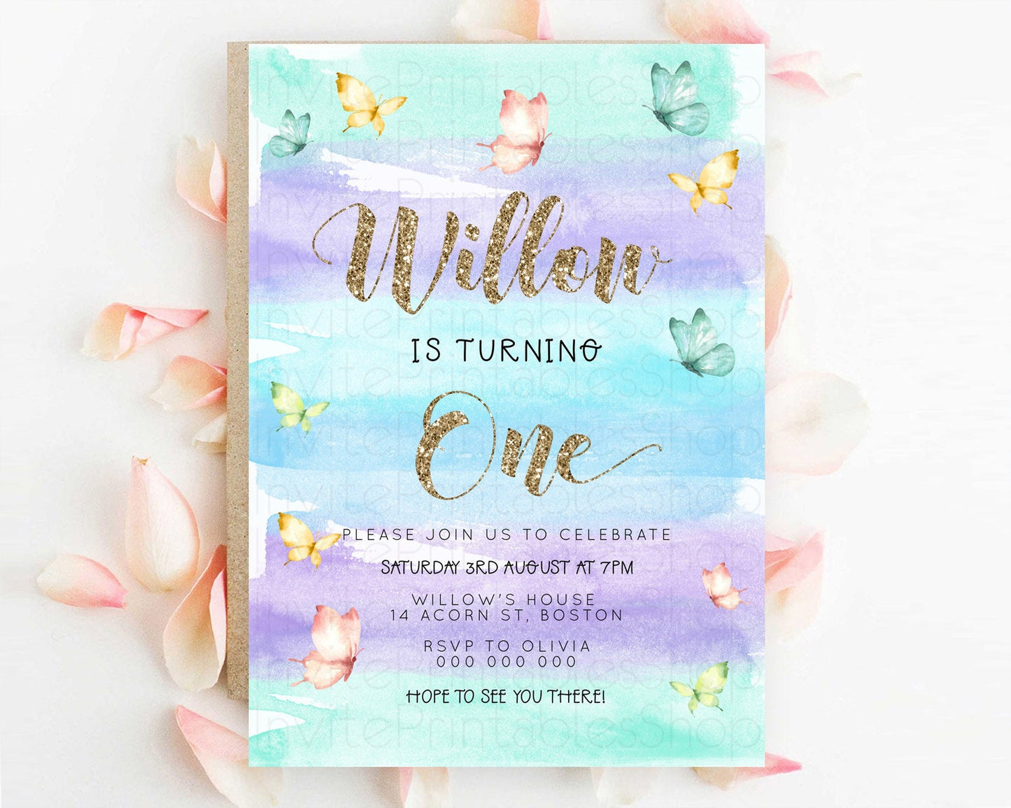 Pastel Butterfly Birthday Invitation Butterfly Birthday Invitation Colorful Splash Glitter Butterfly Garden 1st 2nd Birthday D23223