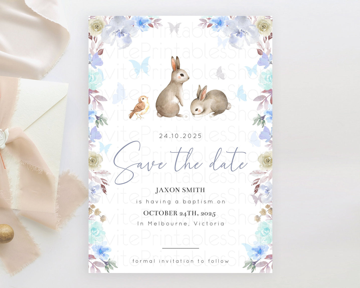 Floral Bunny Save The Date Template Pastel Flowers Forest Bunny Secret Garden Some Bunny Party 1st Birthday Baby Shower Baptism D10927