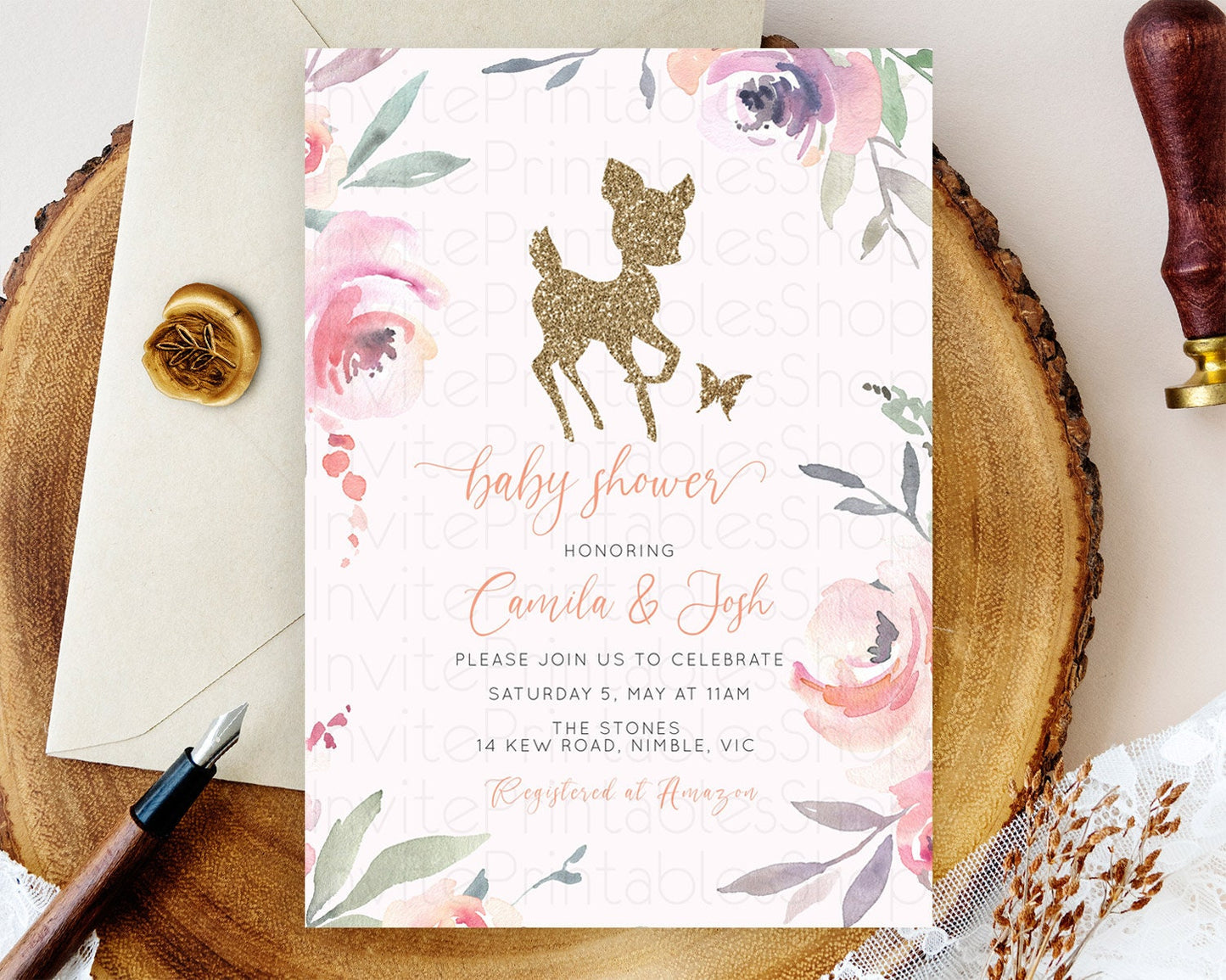 Fawn Baby Shower Invitation Deer Baby Shower Invites Enchanted Forest Theme Butterfly Pastel Flowers Whimsical Baby Shower D10196