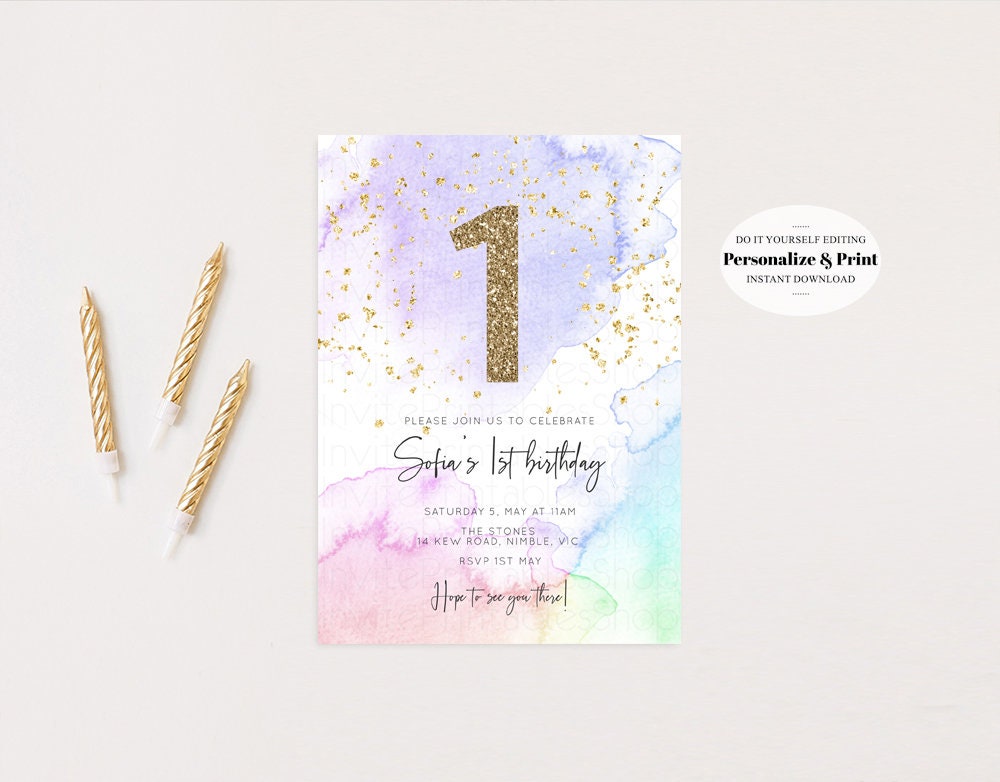 Rainbow Birthday Invitation Pastel Birthday Invitation Ombre Rainbow Invite Colorful Watercolor Invite Glitter Sprinkle Invitation