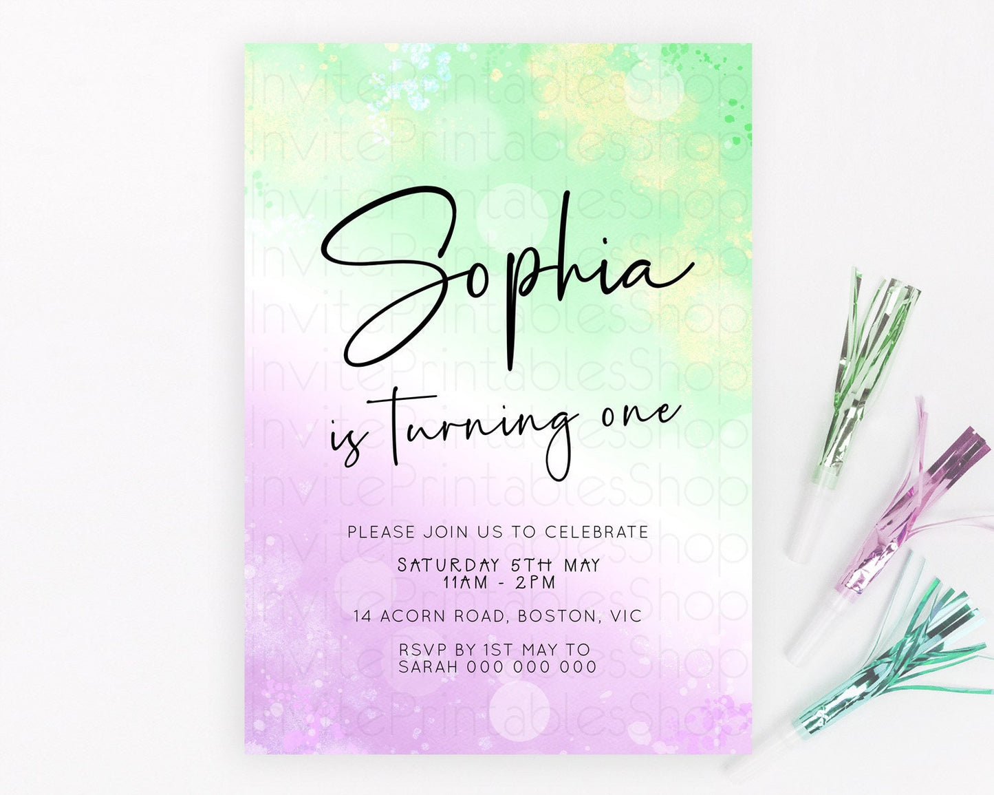 Pastel Birthday Invitation Ombre Watercolor Birthday Invitation Glitter Rainbow Color Splash 1st 2nd 3rd Birthday Invitation D23103