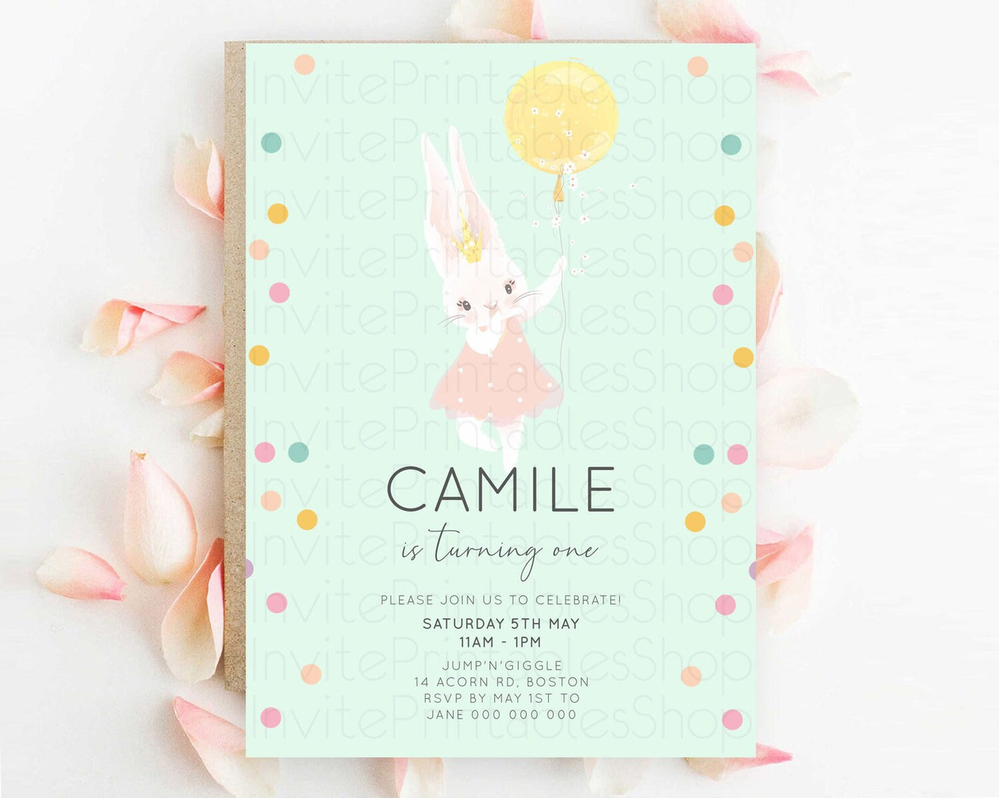 Bunny Birthday Invitation Pastel Bunny Invitation Bunny Balloon Invites Pastel Confetti Balloon Bunny Invites 2nd 1st First Birthday 199v5