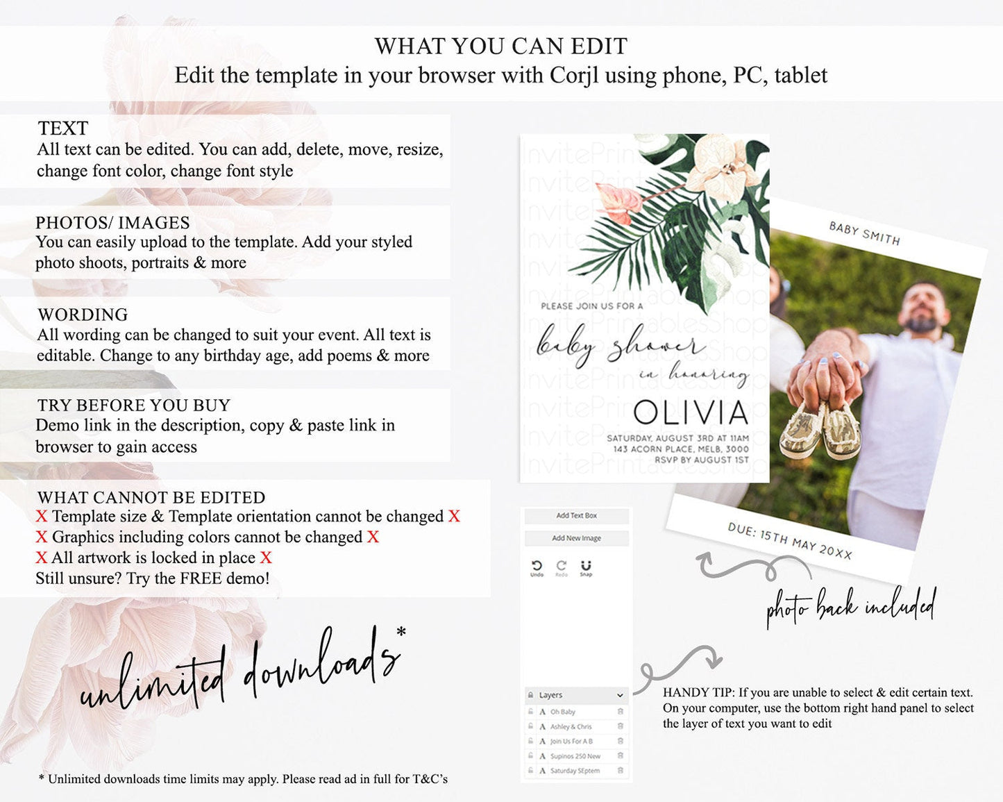 Tropical baby Shower Invitation Tropical Floral Baby Shower Invitation Palm Leaf Fern Invitation Frangipani White Orchid Invitation D11016
