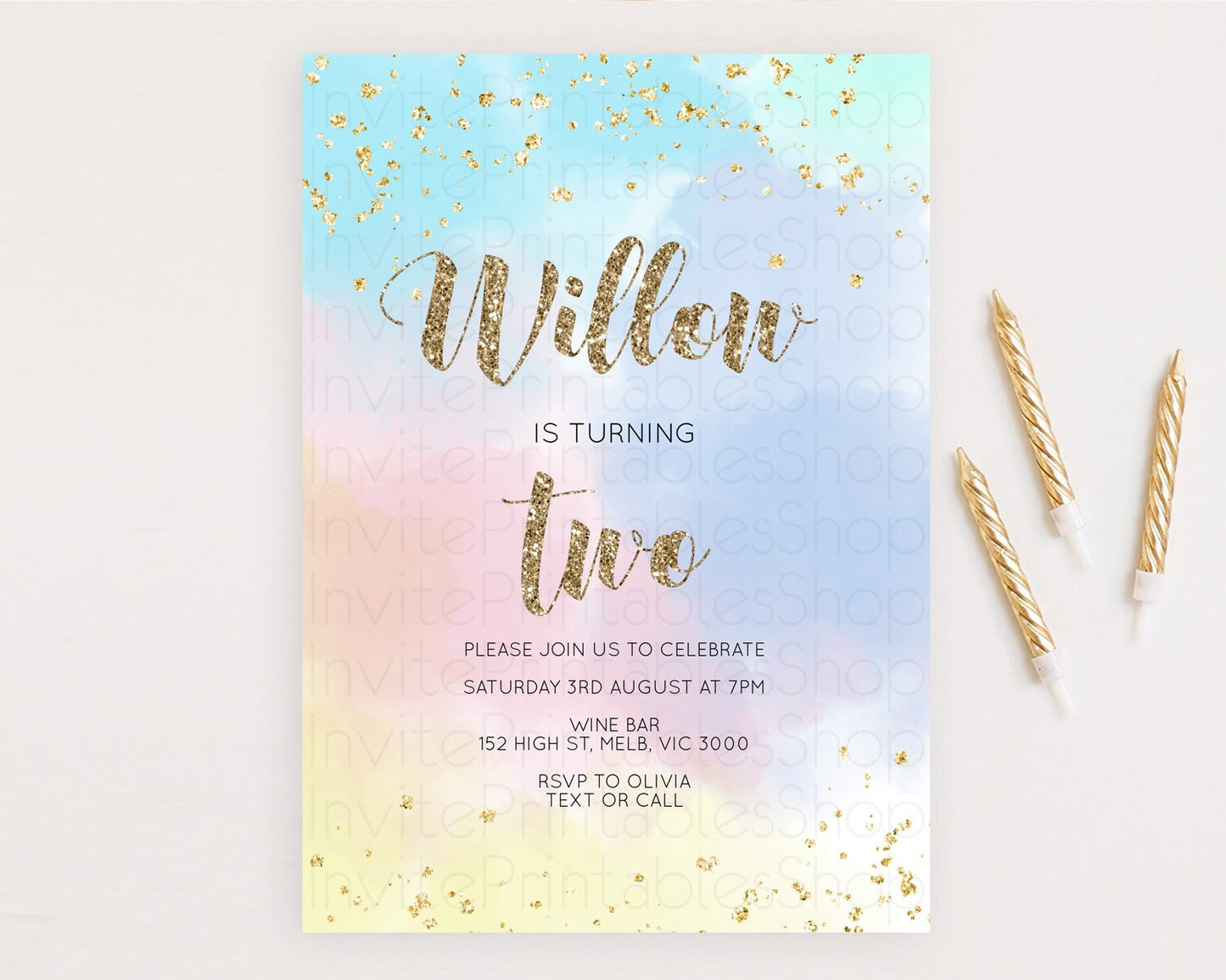 Rainbow Birthday Invitation Colorful Pastel Watercolor Invitation Gold Glitter Sprinkles Ombre Pastel 1st 2nd 3rd Birthday D10367