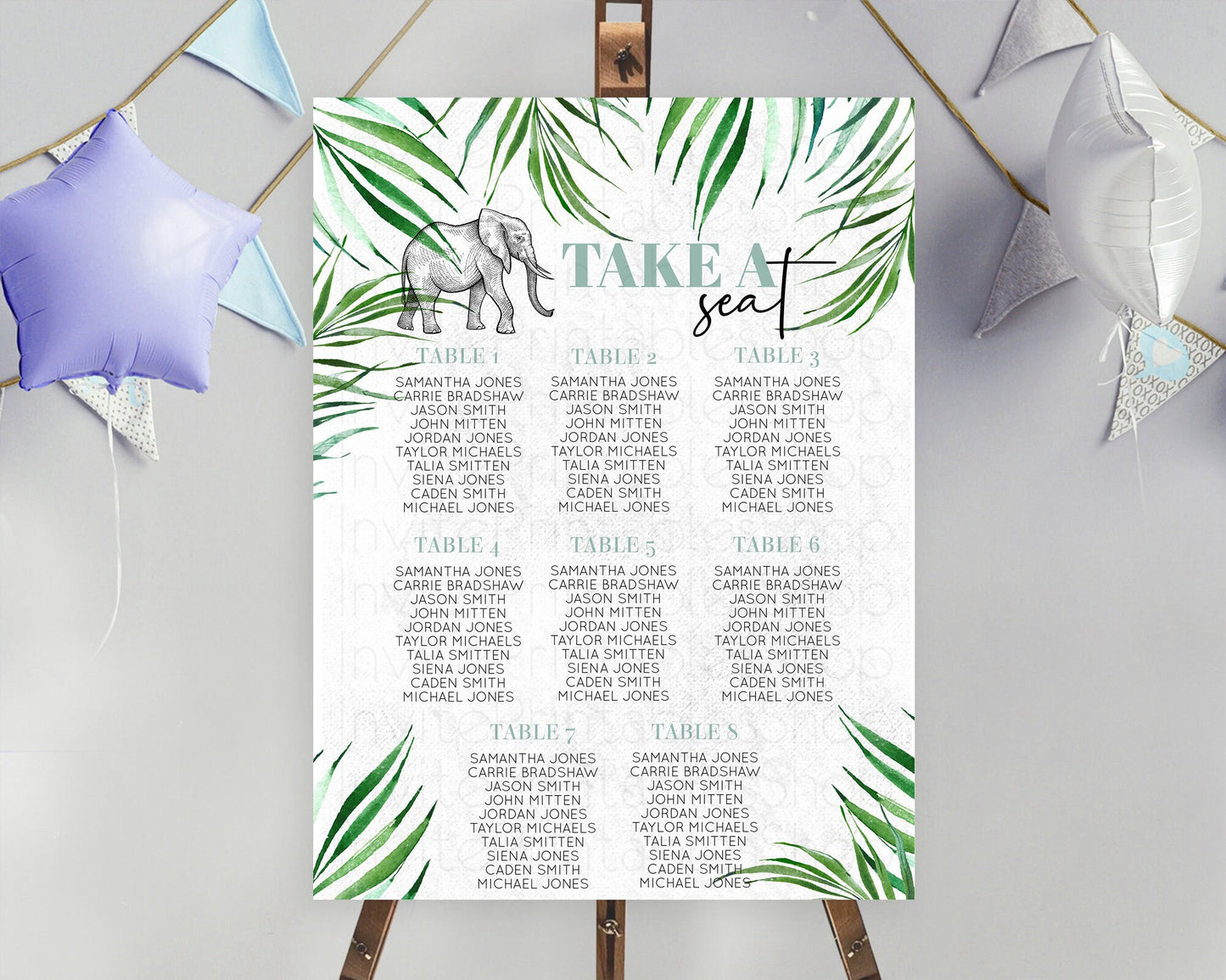 Elephant Seating Chart Elephant Seating Sign Elephant Party Safari Adventure Elephant Take A Seat Elephant Décor Zoo Fern Palm Leaf D10850