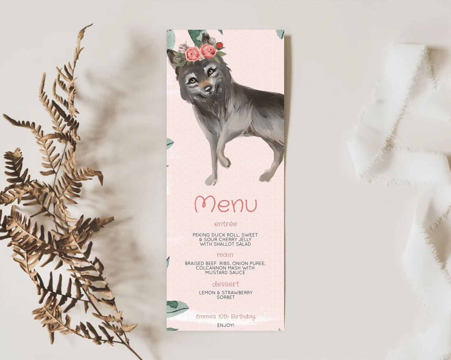 Wolf Menu Wolf Menu Template Pastel Floral Wolf Table Decor Forest Wolf Party Decor Wolf Dinner Dessert Menu Wolf Party Food Menu D10535