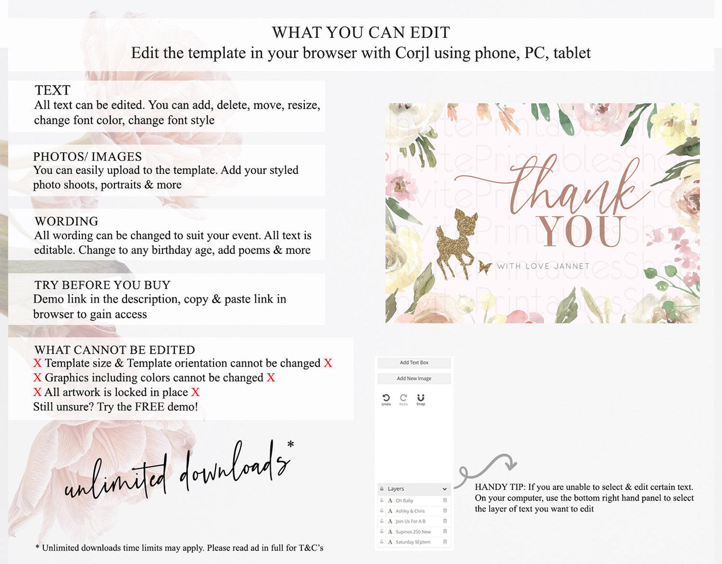 Fawn Thank You Deer Thank You Card Pastel Floral Deer Birthday Thank You Card Enchanted Forest Butterfly Deer Teacher Thank You Card D10193