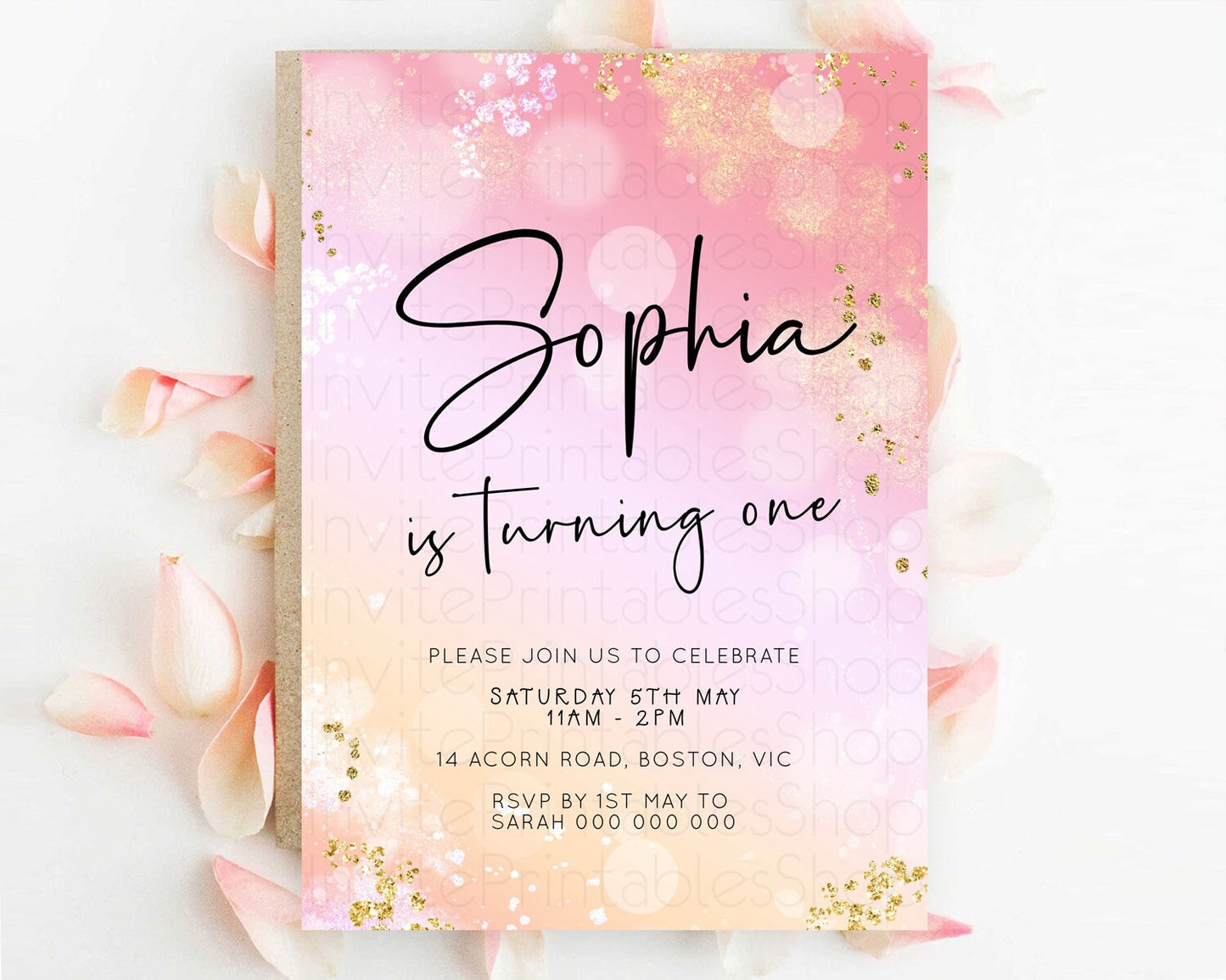 Pink Birthday Invitation pink Watercolor Invitation Pastel pink Watercolor Invitation pink Splash Gold Invitation 1st First Birthday D23095