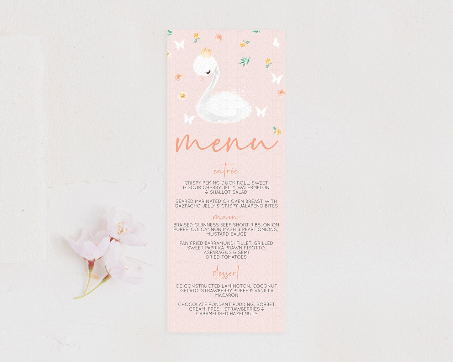 Swan Menu Swan Princess Ballet Menu Template Enchanted Swan Lake Table Decor Secret Garden Pastel Floral Dinner Dessert Food Menu D10388
