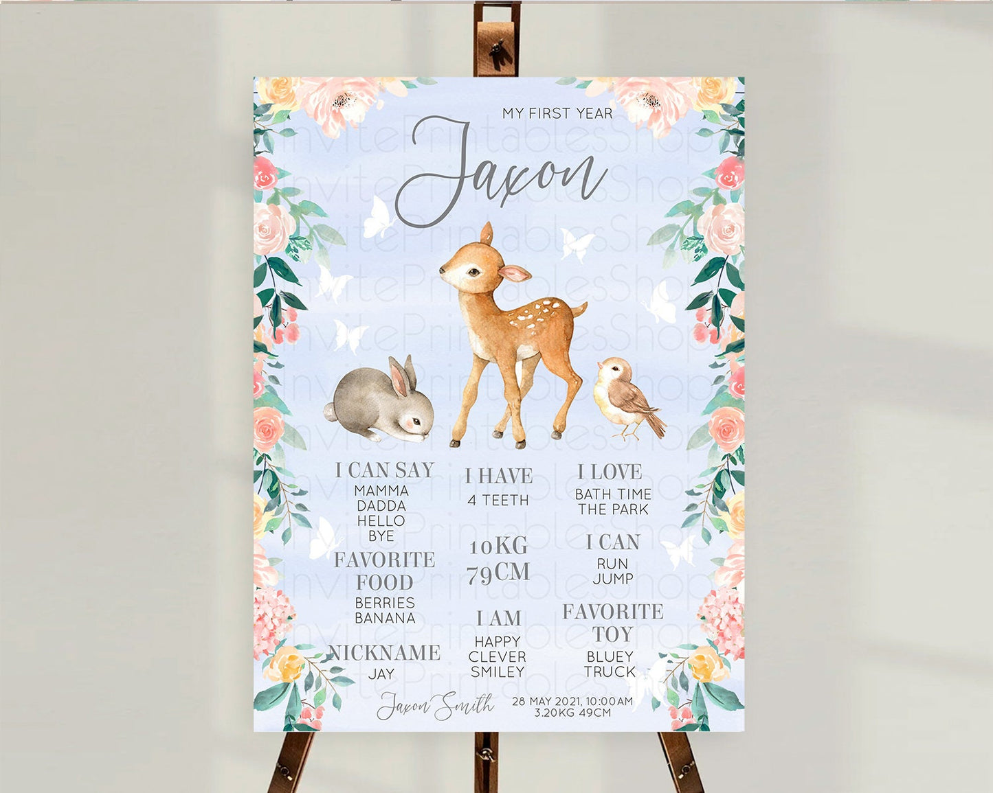 Fawn First Birthday Milestone Board Deer First Birthday Milestone Poster Enchanted Forest Butterfly Pastel Flowers 1st Birthday Sign D10920