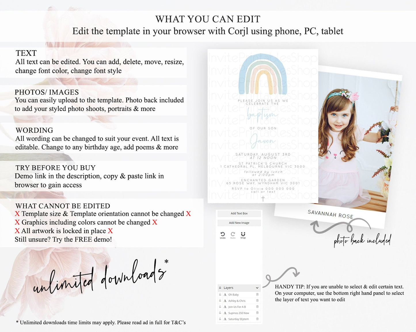 Pastel Rainbow Baptism Invitation Boho Rainbow Baptism 1st Birthday Invitation Rainbow Pastel Watercolor Christening Invitation D10200