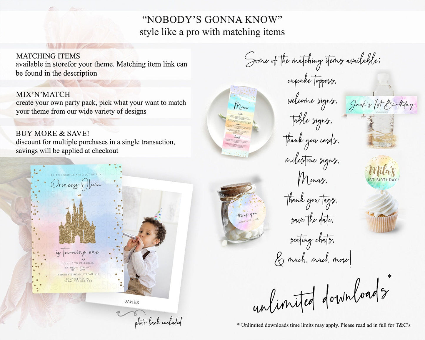 Princess Birthday Invitation Princess Invitation Pastel Invitation Royal Birthday Rainbow Color Enchanted Castle 1st First Birthday D10895