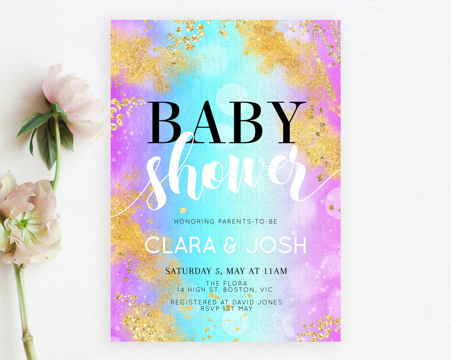 Pastel Baby Shower Invitation, Watercolor with Gold, Glitter Sprinkles, Bubbles Under The Sea Sand - Colorful Blue Purple Ombre Theme D10564