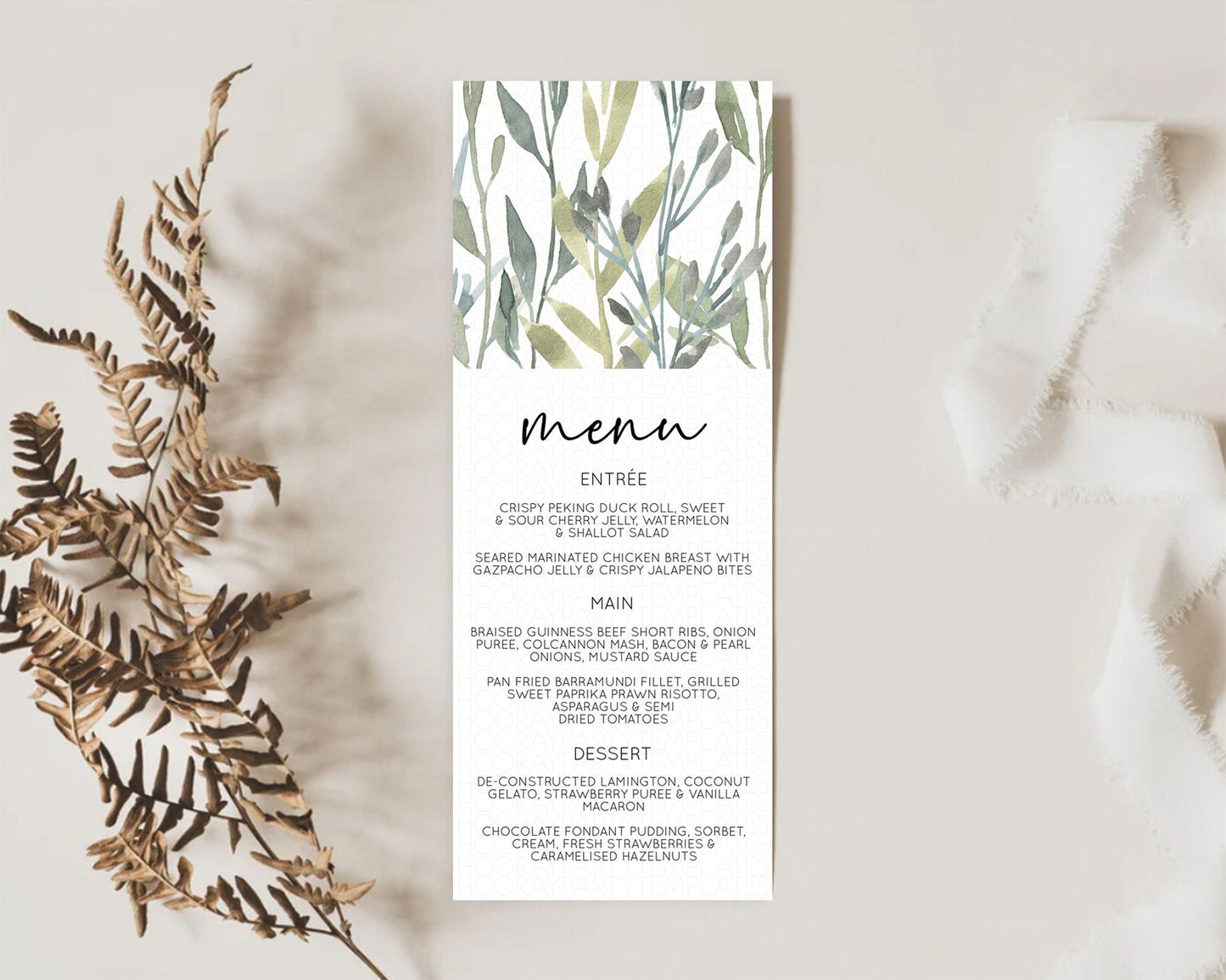 Leafy Menu Green Leaf Menu Template Eucalyptus Fern Leaves Decor Watercolor Boho Garden Leaf Branch Dinner Dessert Party Food Menu D11060