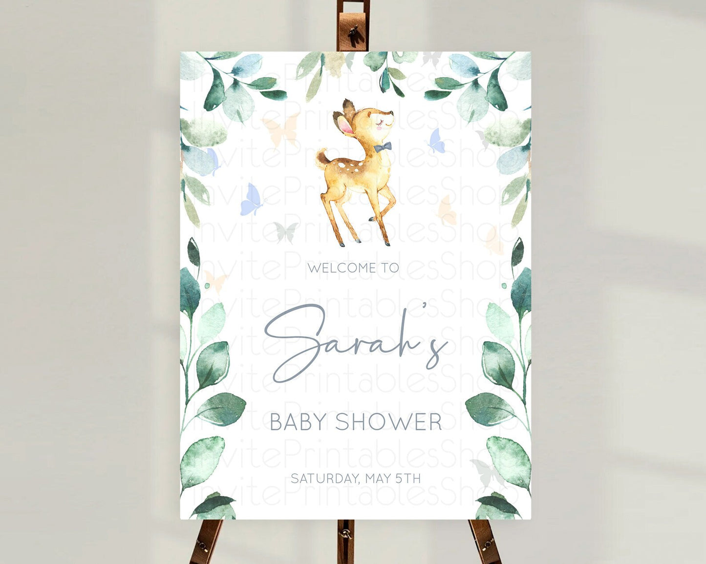 Fawn Baby Shower Welcome Sign Deer Welcome Board Floral Deer Welcome Poster Enchanted Forest Butterfly Pastel Floral Welcome Sign D10767