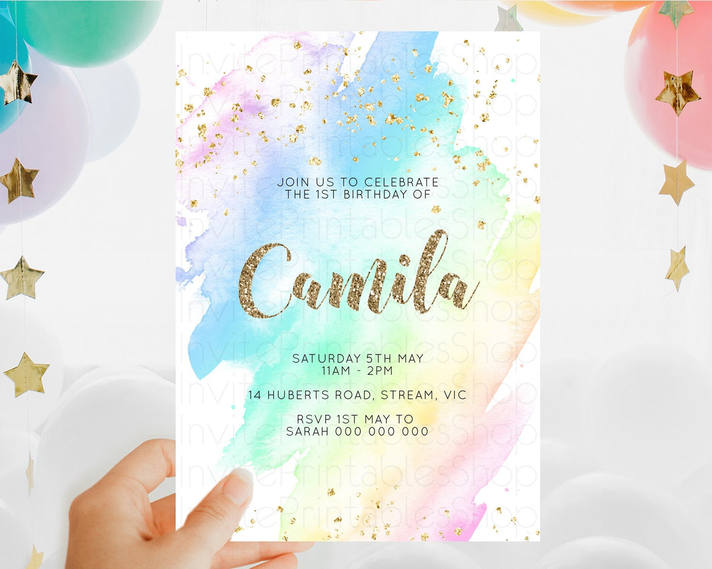 Rainbow Birthday Invitation Colorful Pastel Watercolor Invitation Gold Glitter Sprinkles Ombre Pastel 1st 2nd 3rd Birthday D10637