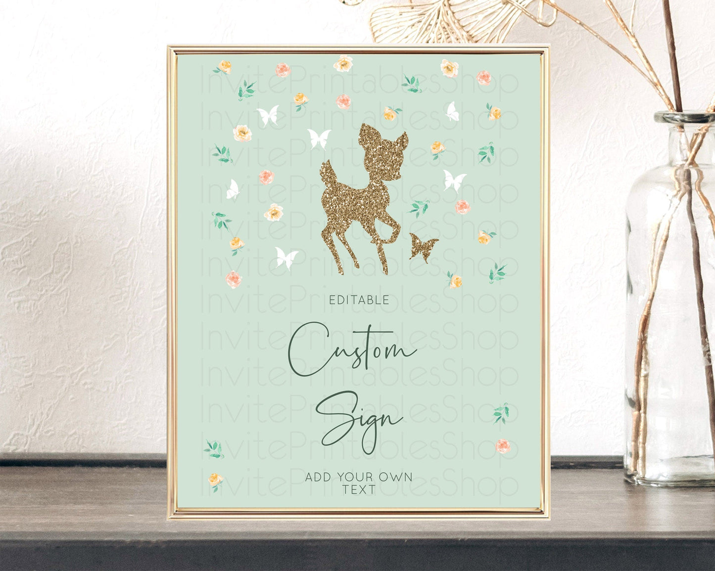 Fawn Deer Sign Pastel Floral Deer Table Sign Decor Enchanted Forest Butterfly Party 1st Birthday Baptism Baby Shower Bridal Shower D10385