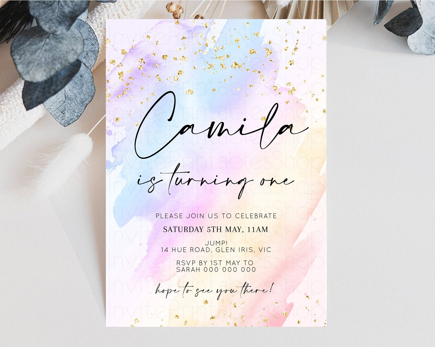 Editable Rainbow Birthday Invitation Glitter Pastel Invitation Colorful Wate