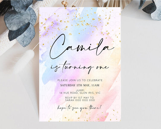 Editable Rainbow Birthday Invitation Glitter Pastel Invitation Colorful Wate
