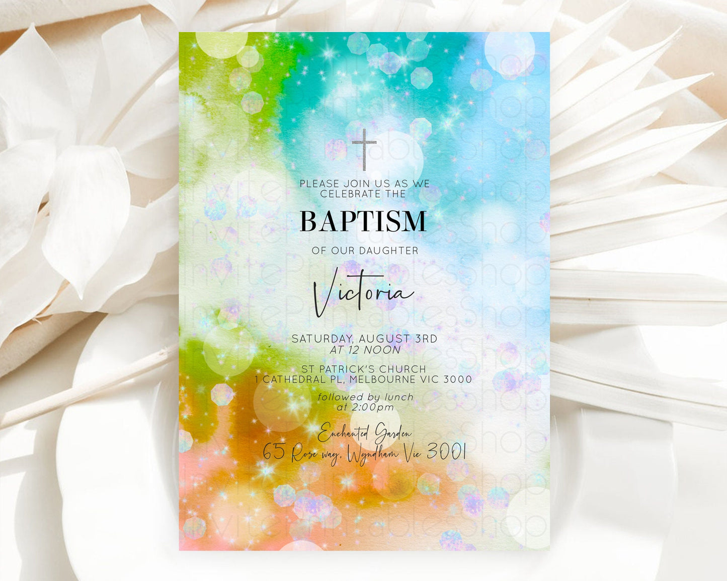 Rainbow Baptism Invitation Colorful Pastel Watercolor Baptism 1st Birthday Invitation Iridescent Glitter Sprinkles Ombre Christening D10692