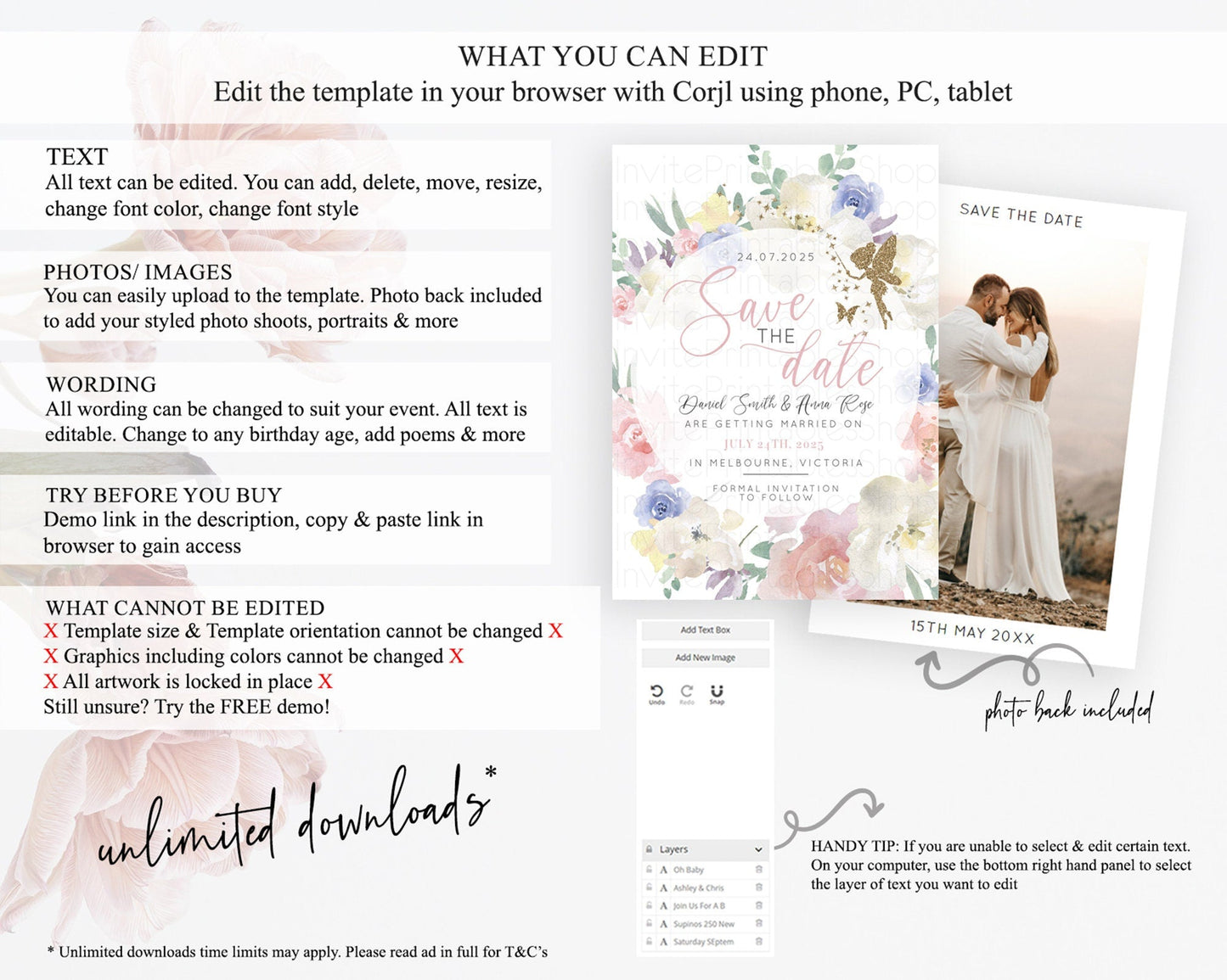 Fairy Save The Date Template Enchanted Garden Pastel Floral Butterfly Party Secret Garden Birthday Baptism Baby Shower Bridal Shower D10852