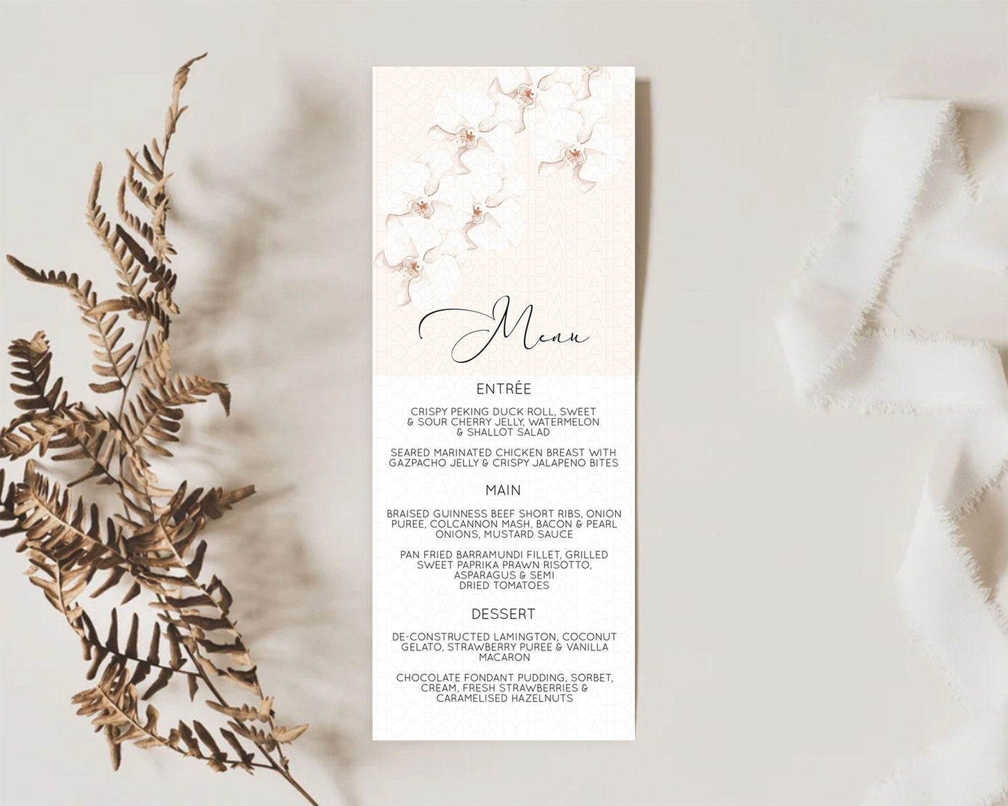Tropical Menu Template Tropical Menu Palm Leaf Fern Table Decor Frangipani Floral White Orchid Dinner Dessert Menu Party Food Menu D11049