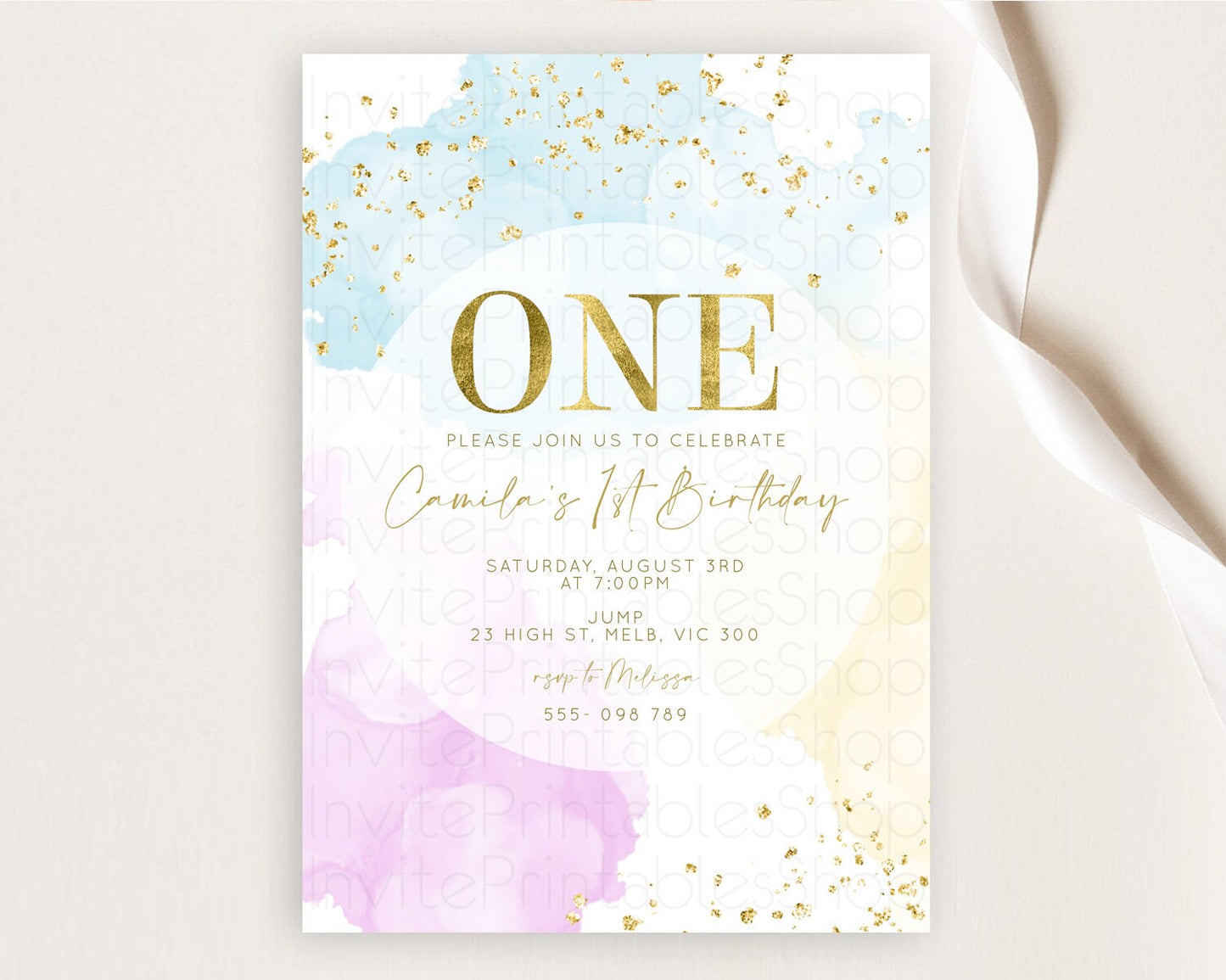 Rainbow Birthday Invitation Colorful Pastel Watercolor Invitation Gold Glitter Sprinkles Ombre Pastel 1st 2nd 3rd Birthday D10204